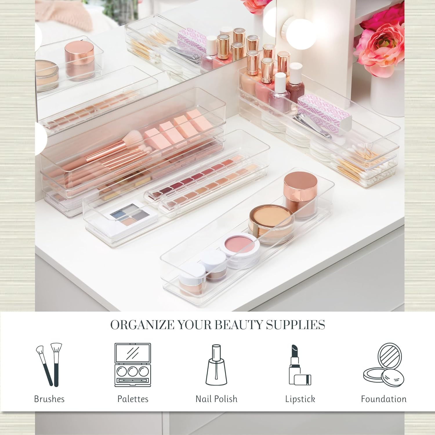 Stori Simplesort 6-Piece Stackable Clear Drawer Organizer Set | 12" X 3" X 2" Rectangle Trays | Narrow Makeup Vanity Storage Bins and Office Desk Drawer Dividers | Made in USA image number 3