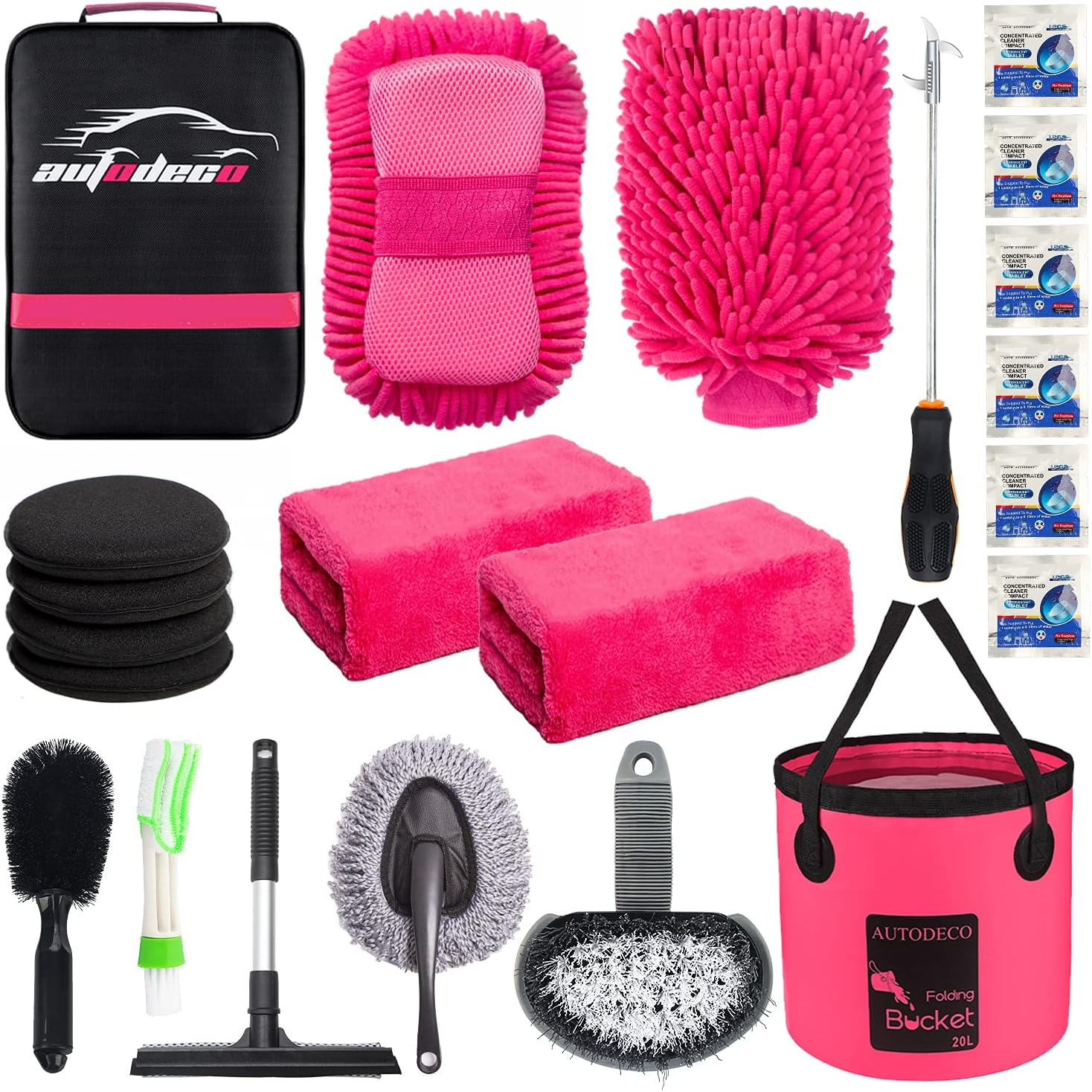 AUTODECO 22Pcs Car Wash Cleaning Tools Kit Car Detailing Set with Canvas Bag Purple Collapsible Bucket Wash Mitt Sponge Towels Tire Brush Window Scraper Duster Complete Interior Car Care Kit