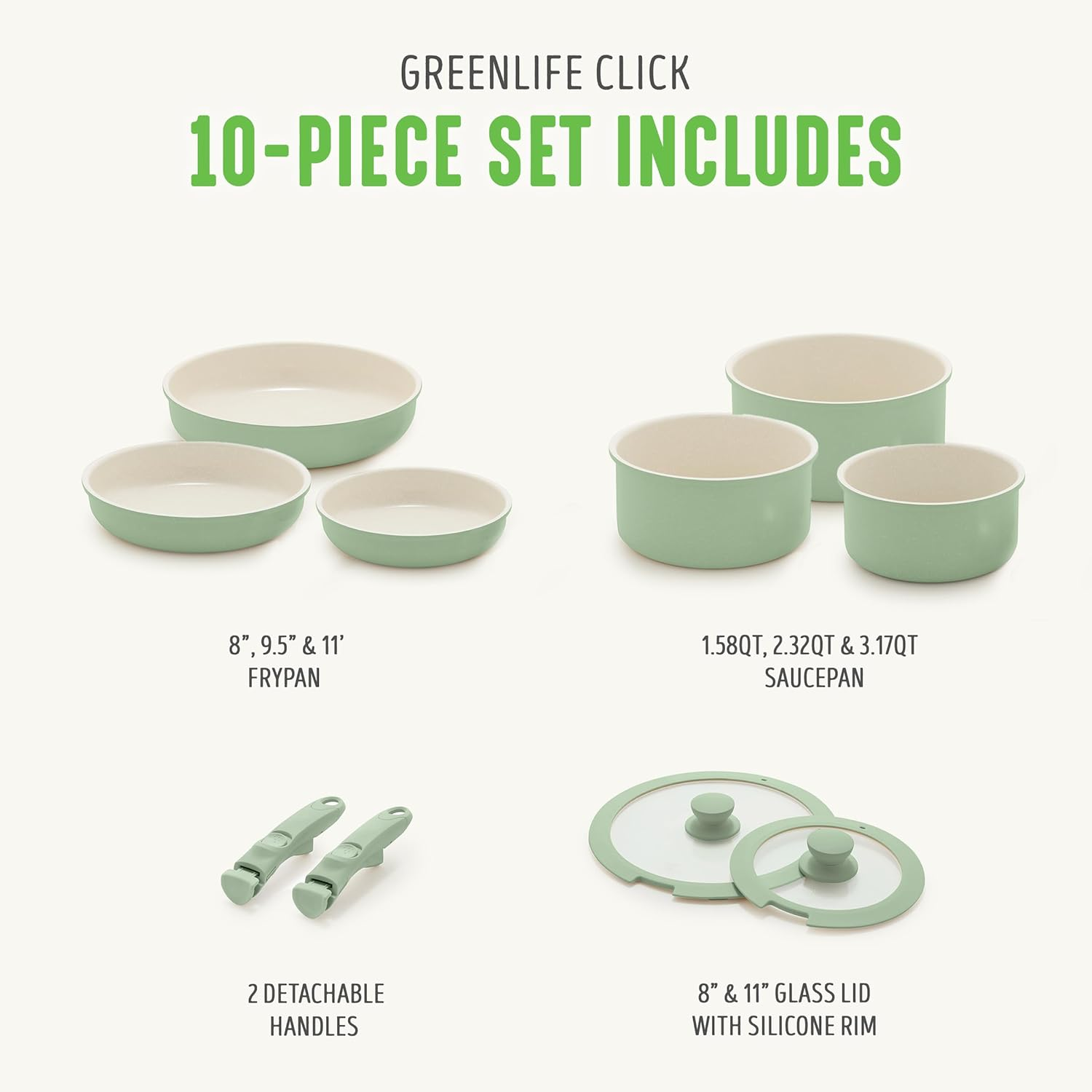 Greenlife Click 10-Piece Ceramic Nonstick Cookware Set, Detachable Handle, Stackable Space Saving Kitchen Essential, Non Toxic Pfas-Free Pots & Pans, Induction & Oven Safe, Glass Lid, Sage Green image number 3