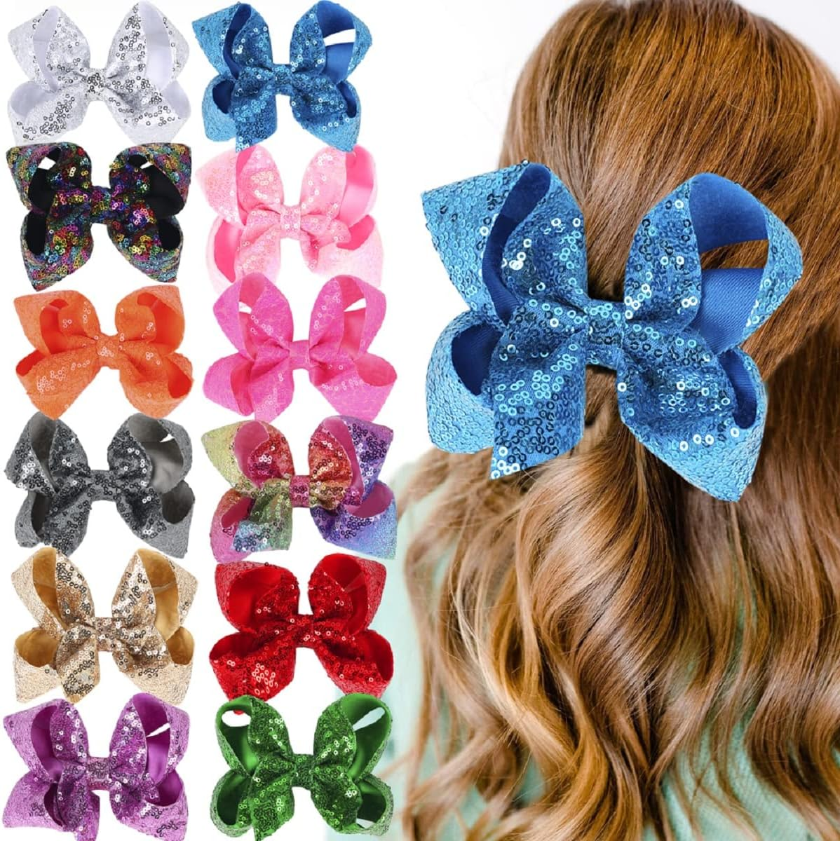 6 Inch Blue Sparkly Glitter Sequin Hair Bows for Girls Toddlers Kids Children Teenage (2PCS) image number 5