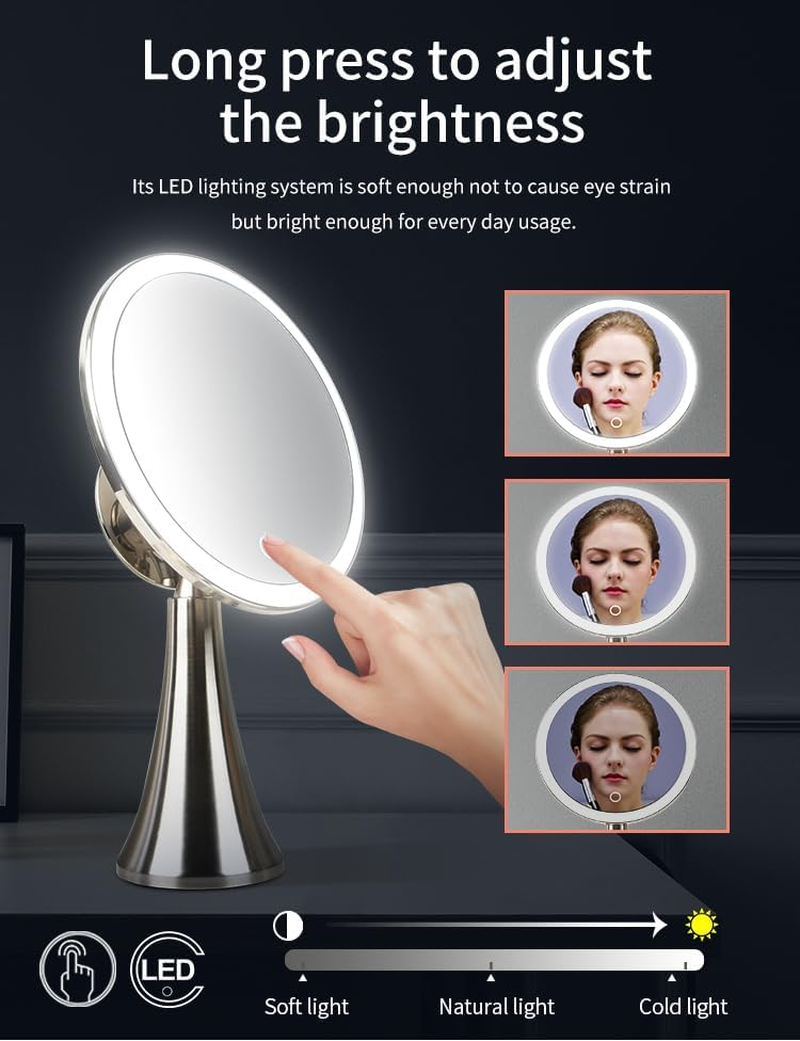 9Inch Lighted round Makeup Vanity Mirror, 5X/10X Dual Magnification with Ultra Bright LED Lights Beauty Mirror, Rechargeable, Cordless, Touch Control Adjustable Brightness, Brushed Stainless Steel image number 4