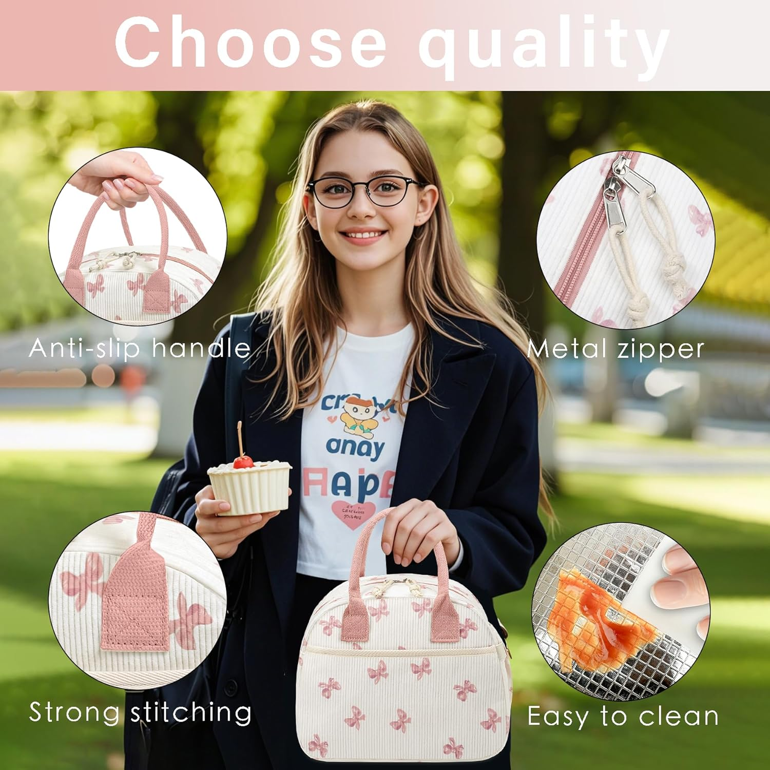 Carry Bloom Lunch Box for Women, Insulated Lunch Bag Cute Corduroy Lunchbag Reusable Lunchbox for Work (Bow Pink) - 1 Green White Stripes image number 2