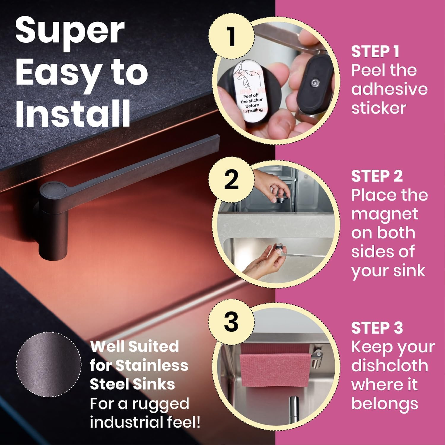 HAPPY SINKS Magnetic Dish Cloth Holder for Kitchen Sink - Works on Steel, Metal Sinks - Dish Rag Hanger with Strong Magnetic Backing Durable and Sustainable Kitchen Solution (Composite) image number 1