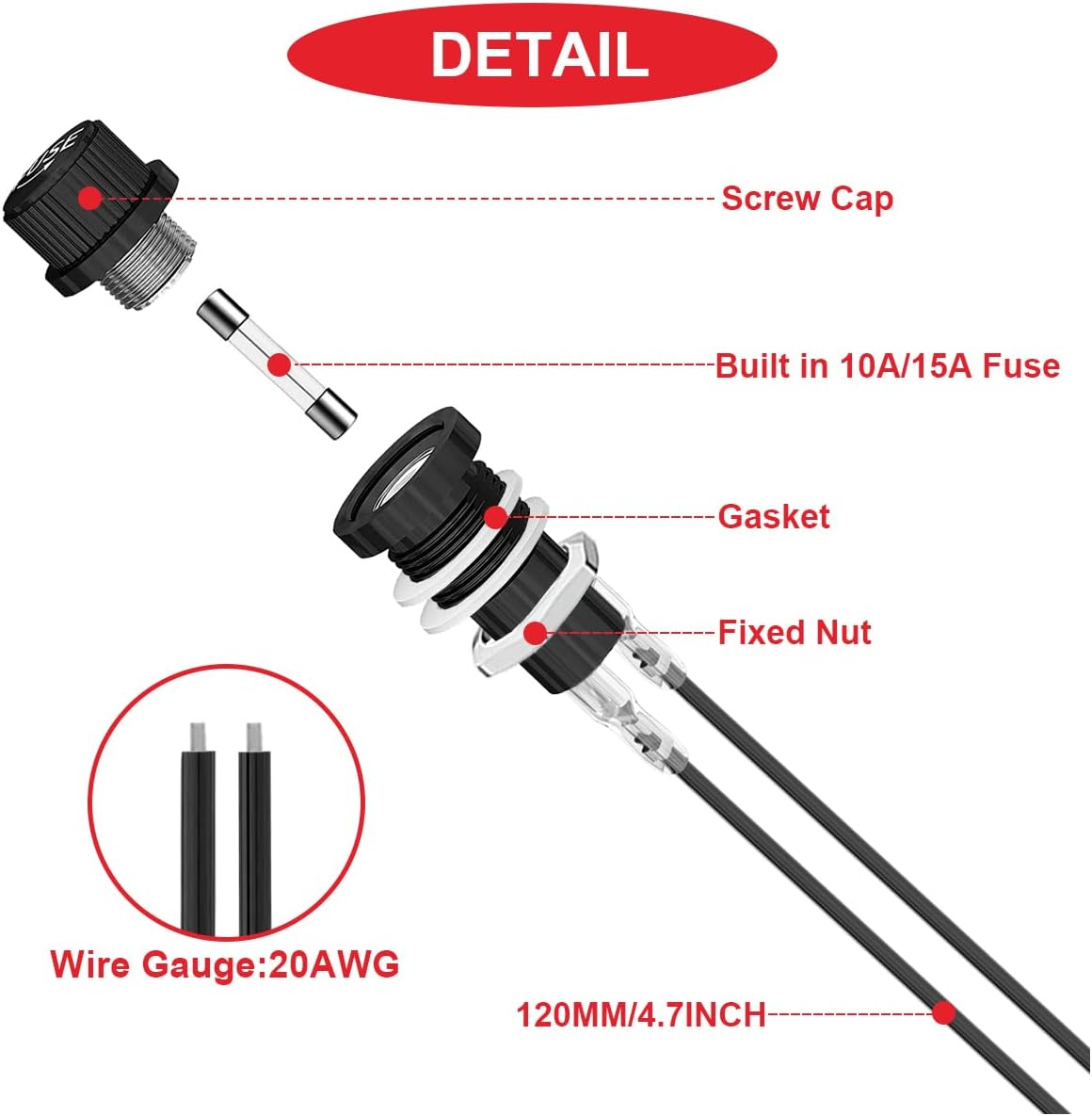 8Pcs Panel Mount Fuse Holder DC 12V AV250V Screw Cap Fuse Holder 5X20Mm with Pre-Soldering Wire and Fast Blow Glass Tube Fuse 10A X 8, 15A X 8 image number 2