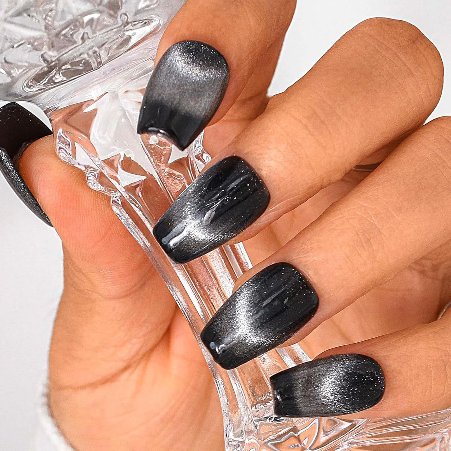 Sethexy French Black Medium Coffin Artificial Nail Cat Eye Sparkle Handmade False Nails Natural Shiny Press on Nails Salon Quality for Women and Girls (I)