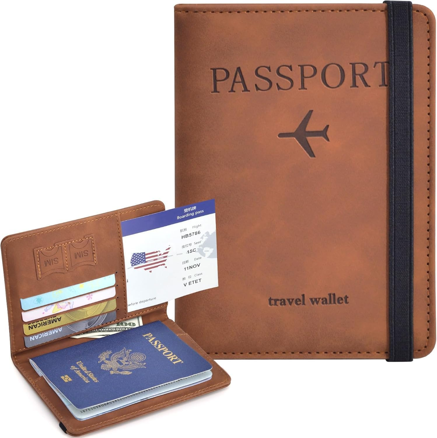2 Pack Passport Holder, Passport Cover with Credit Card Slot and Boarding Pass Slot Combo, Passport Wallet Case Book Travel Must Have, RFID Blocking Leather Travel Accessories(Black+Brown) - Black+Brown image number 4