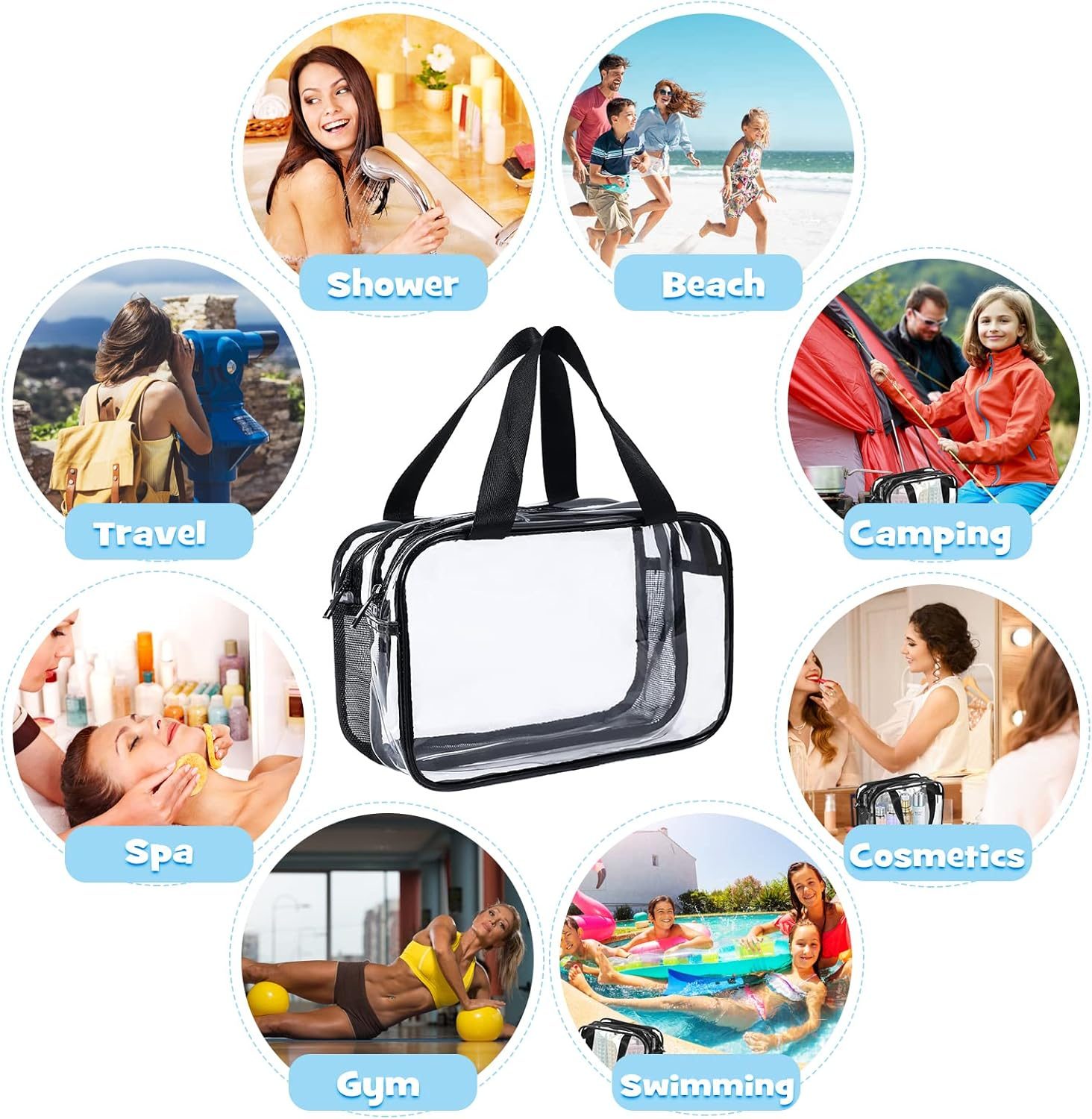 Hysagtek Clear Cosmetics Bag Toiletry Shower Bag, Large Travel Bag for Toiletries with Zipper, Waterproof & Draining PVC Makeup Tote Bag Bathroom Mesh Caddy for Gym Travel Business Camping Beach Spa, Black, Clear image number 3