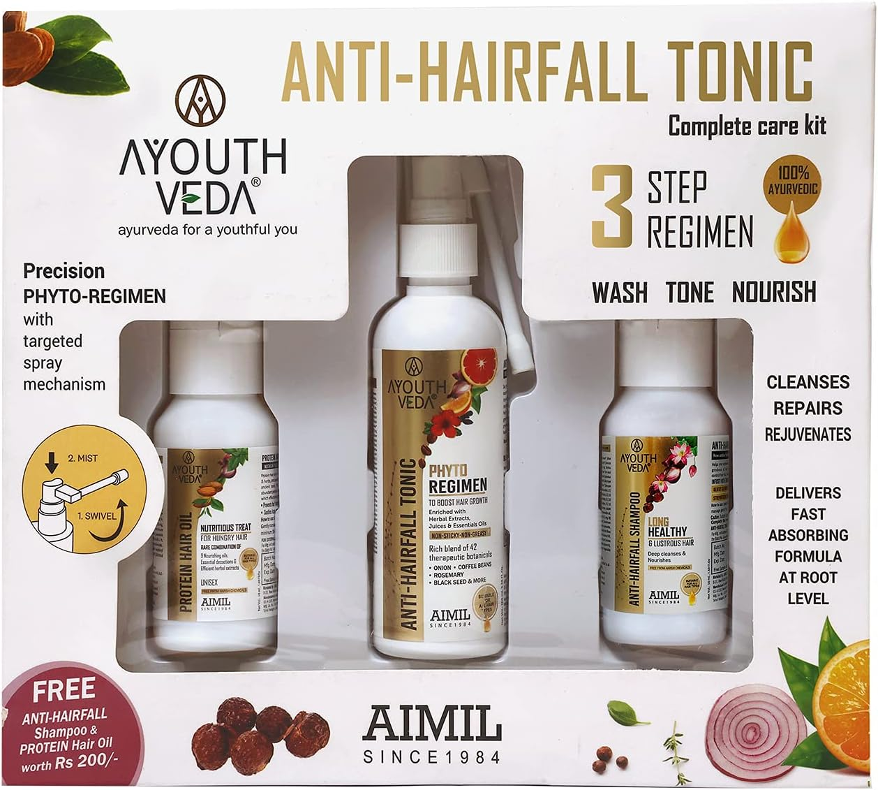 Ayouthveda Hair Fall Kit | Hair Fall Solution | Helps Boosting Hair Growth | 3 Step Regimen | Wash Tone Nourish | Suitable for All Hair Types -200Ml image number 3