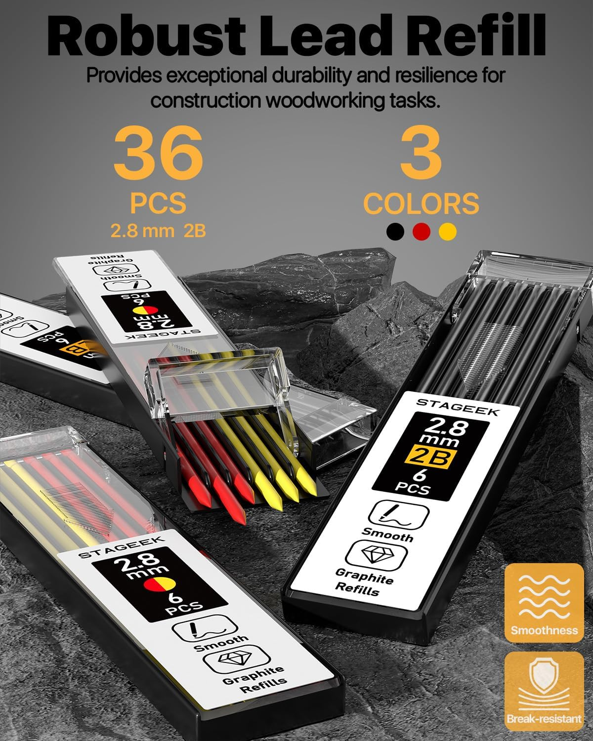 STAGEEK Carpenter Pencils Set with Case, 3PCS Mechanical Carpenter Pencils with 39 Refills, Heavy Duty Construction Pencil with Sharpener, Deep Hole Long Nib Marker Pens for Architect Marking image number 4