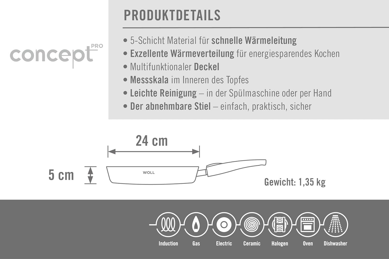 Woll 1524CO Pan with Removable Handle 24 Cm Diameter 5 Cm Height Stainless Steel Multi-Layer image number 2