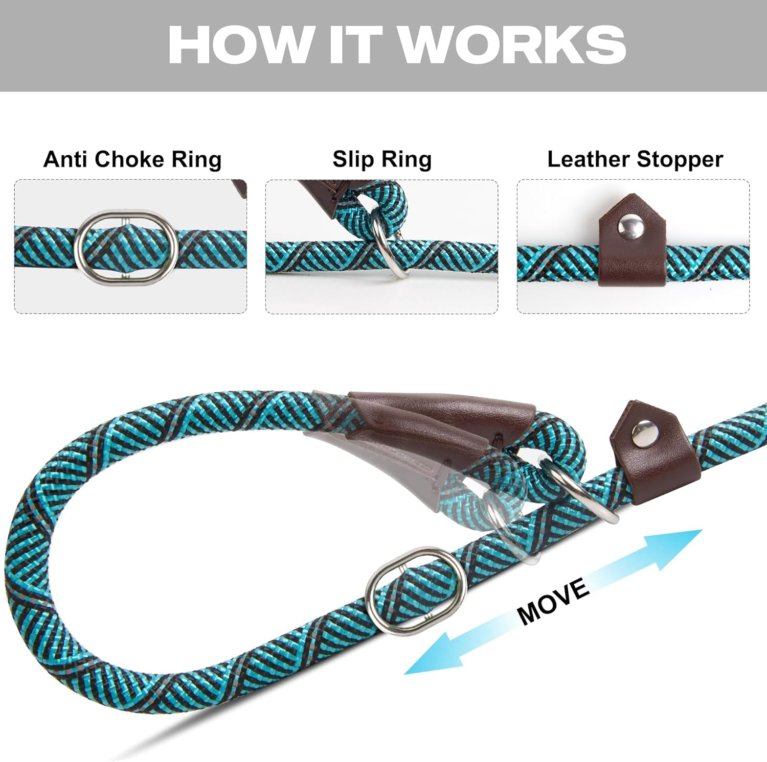 Fida Slip Lead for Dogs | 1.8M, One-Size-Fits-All, Slip-On Rope Leash. Easy to Slip On, No Collar or Harness Needed. Durable & Weather Resistant Climbers Rope with Reflective Stitching (Blue) image number 3