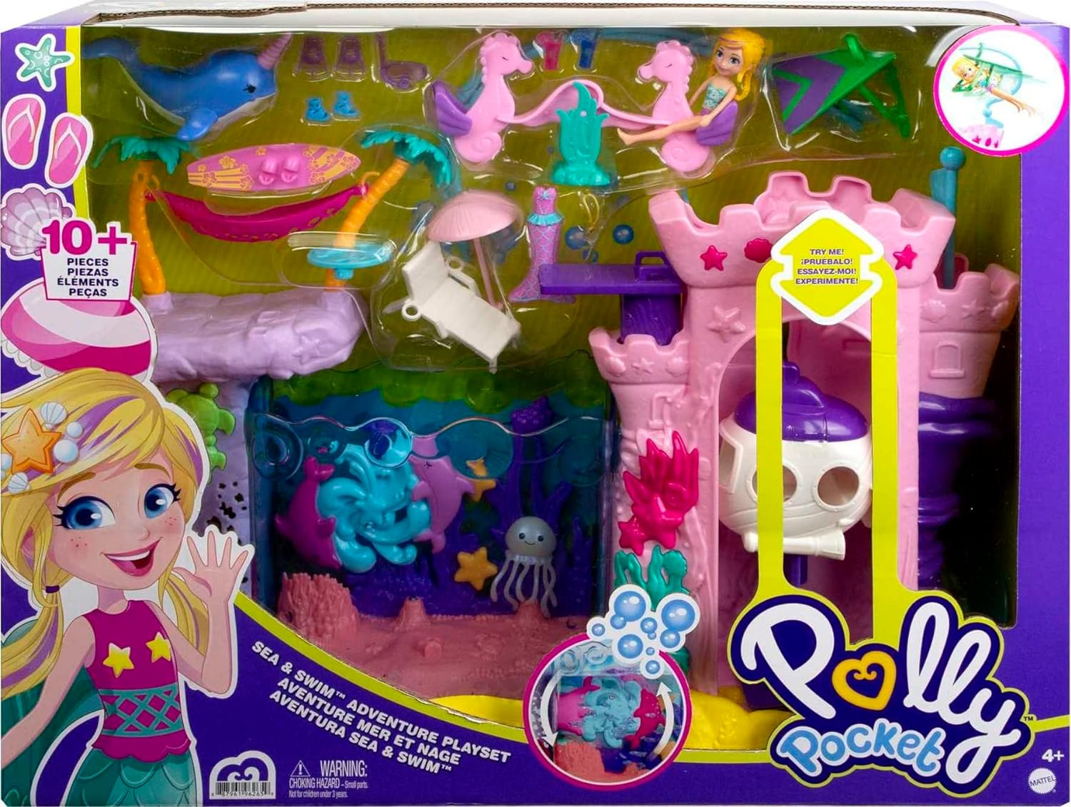 Polly Pocket ​ Sea & Swim Adventure Playset, 3-In/7.62-Cm Polly Doll, Water Tank Feature, Fun Water Activities & Accessories, Snorkel, Fins, Surfboard & More, Great Gift for Ages 4 Years Old & Up image number 2