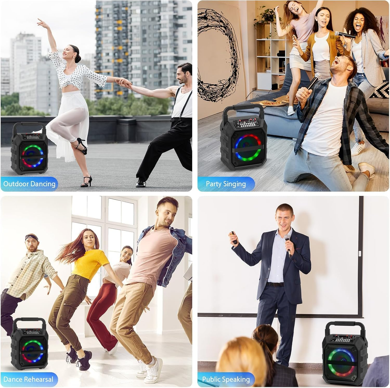 Karaoke Machine,Potable Bluetooth Stero Speaker, Singing Machine with 2 Wireless Microphones LED Lights for Home Party Meeting Adults Kids Supports USB/TF/AUX/REC/FM image number 4