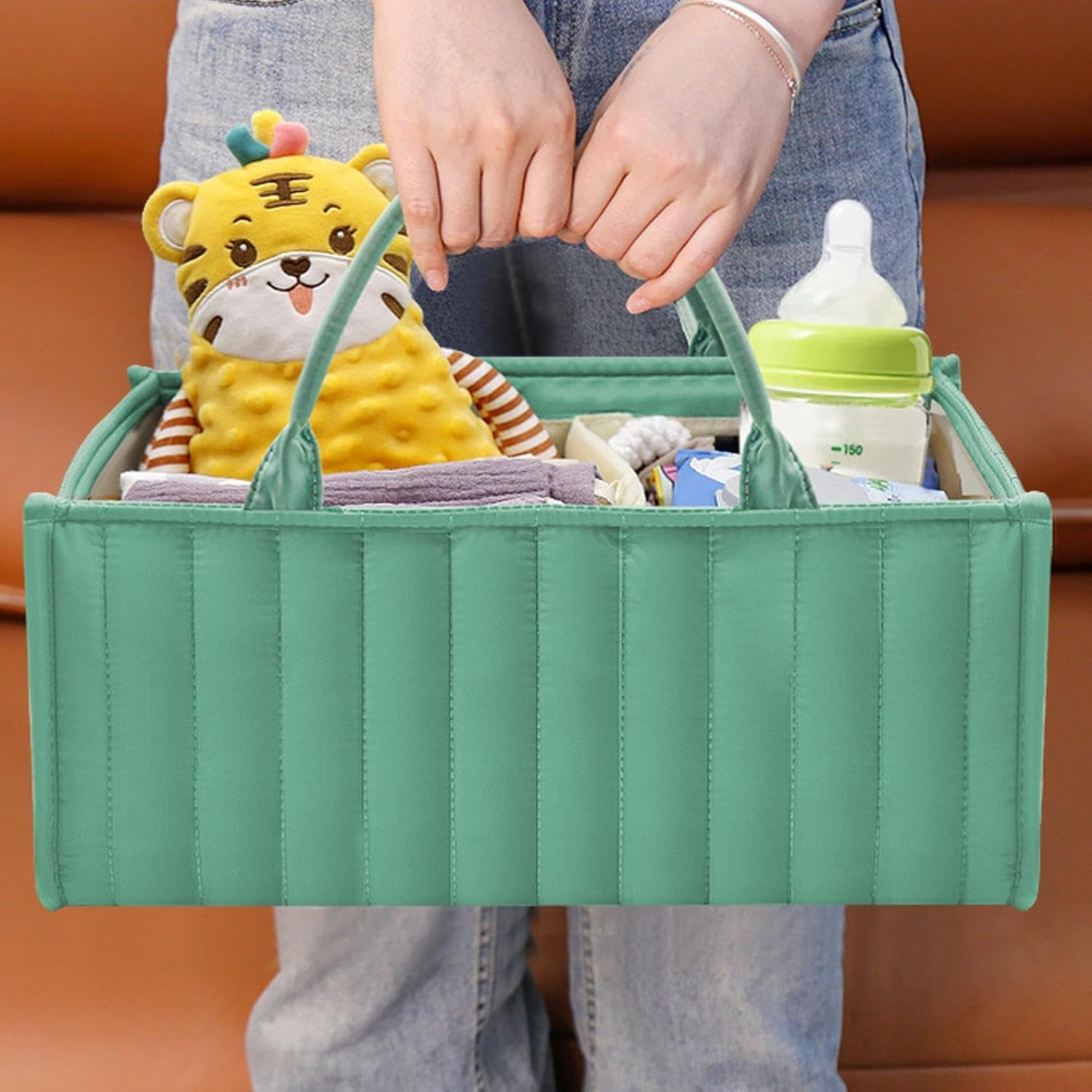 Diaper Organizer Bag, Foldable Diaper Basket, Nursery Storage Bag, with Spacious and Large Capacity, Foldable and Compact Design, 38X25X17Cm, Green, for Bibs, Towel, Toys, Books image number 4