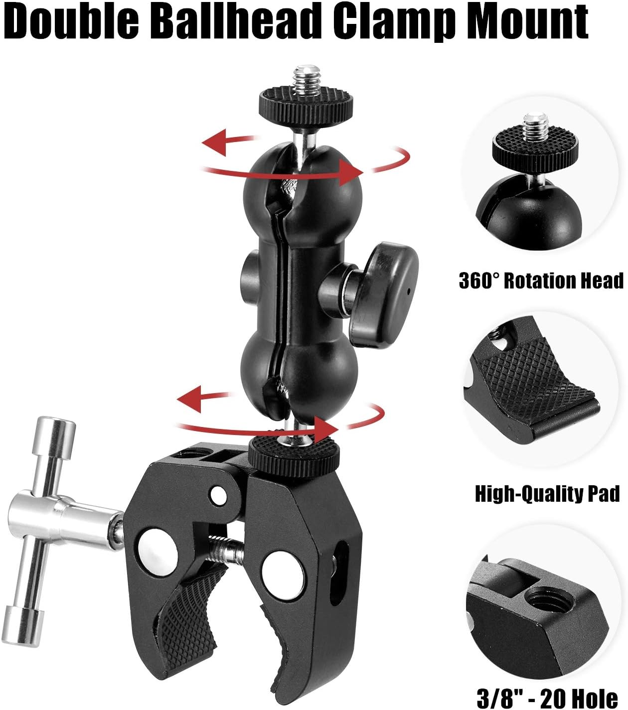 WANBY Camera Clamp Mount Double Ballhead Table Magic Arm Monitor Desk Mount Bracket with Super Clamp with 1/4" and 3/8" Thread for DSLR Camera Rig LCD Monitor LED Flash Lights