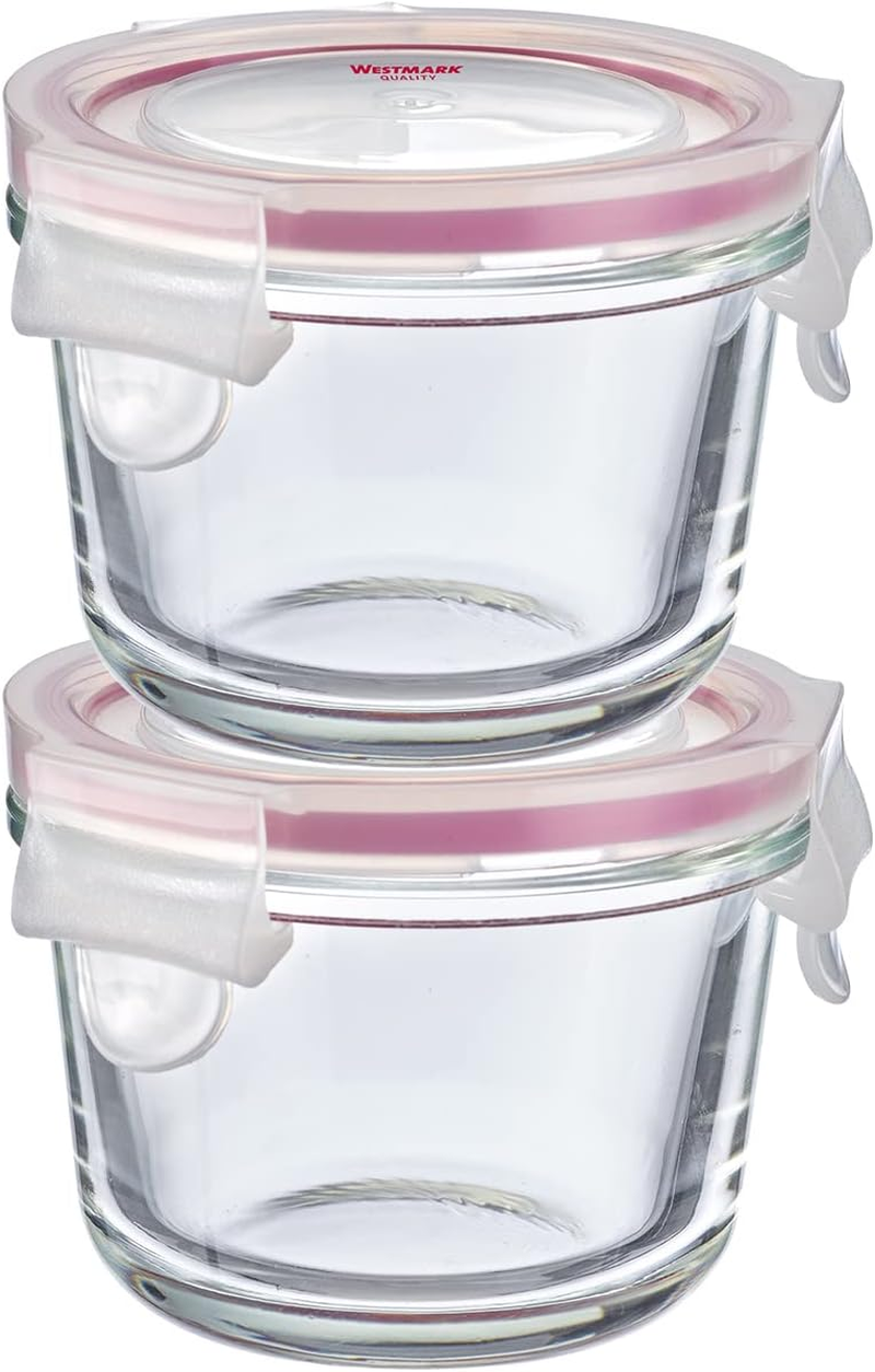 Westmark Set of 2 Glass Food Storage Containers with Clip Lid, Round, Capacity: 150 Ml, Freezer, Microwave and Oven Safe, Glass/Silicone/Plastic, Transparent/Red, 233122E3