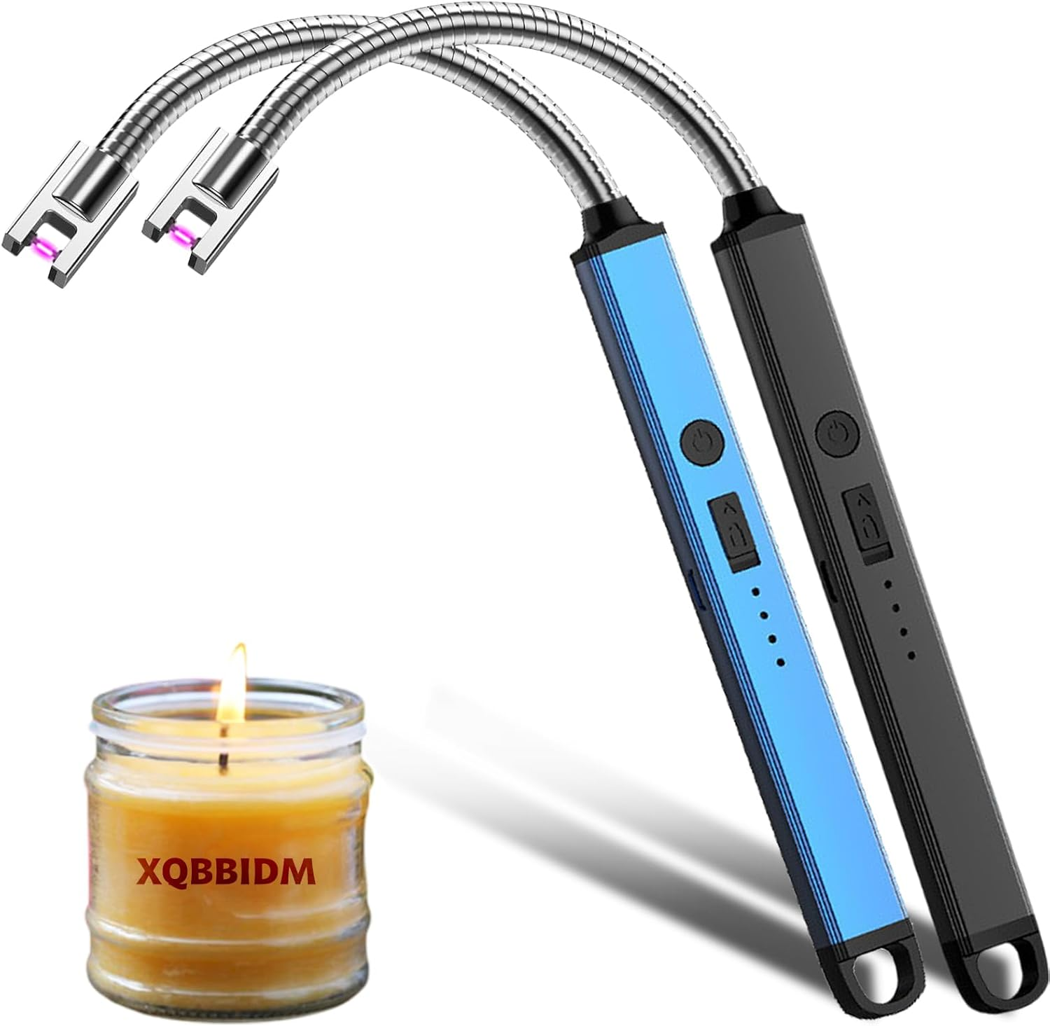 Electric Lighter, 2 Pack of USB Rechargeable Candle Lighter with Flexible Neck, 10.4-Inch Long Handle Arc Lighters with LED Battery Indicator and Safety Switch for Candle, Kitchen,Camping(Black+Blue)
