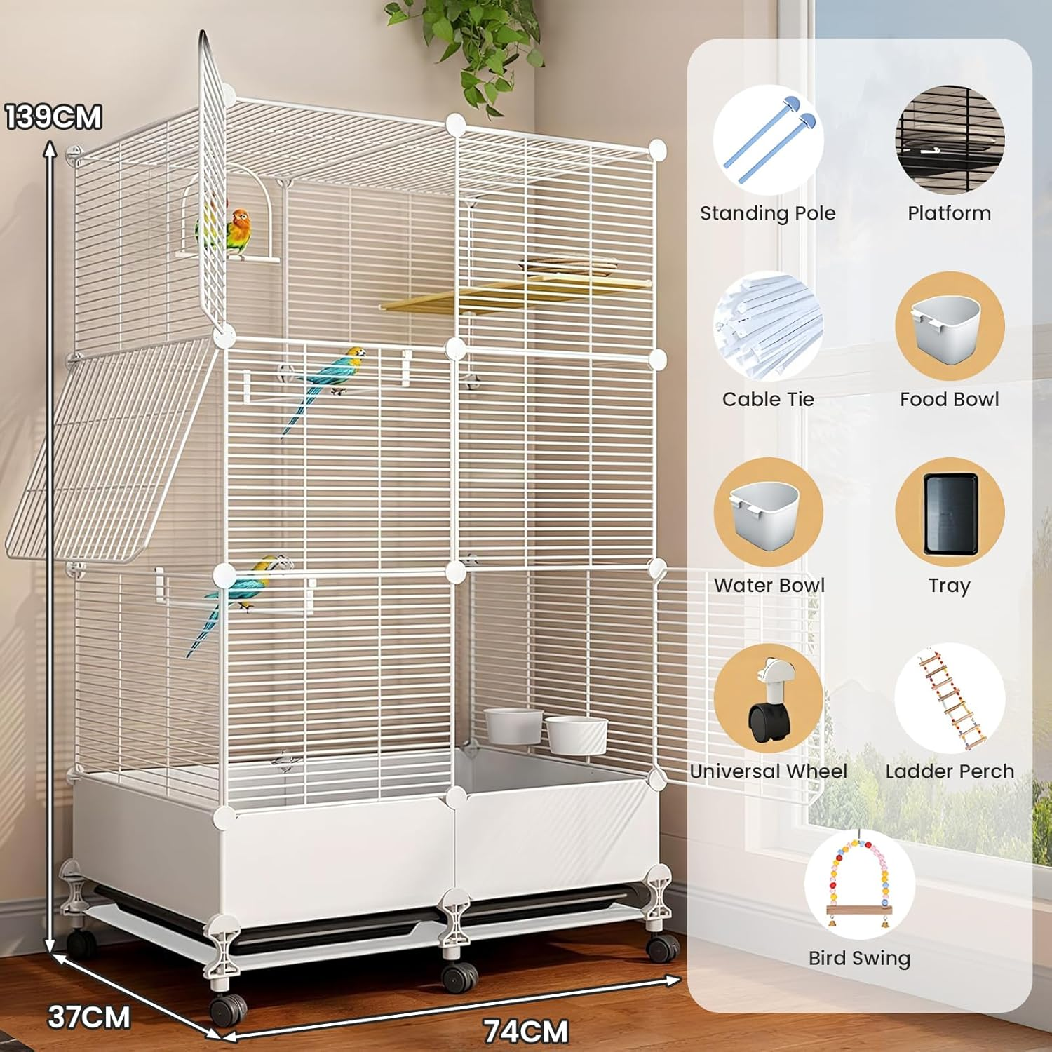 Uandhome Bird Cage for Parakeets,Parrotlets, Cockatiels, Budgie Finch Lovebird Canary Pet Bird,Splash-Proof Food, Easy to Install and Clean,Accessories Included (White) image number 3