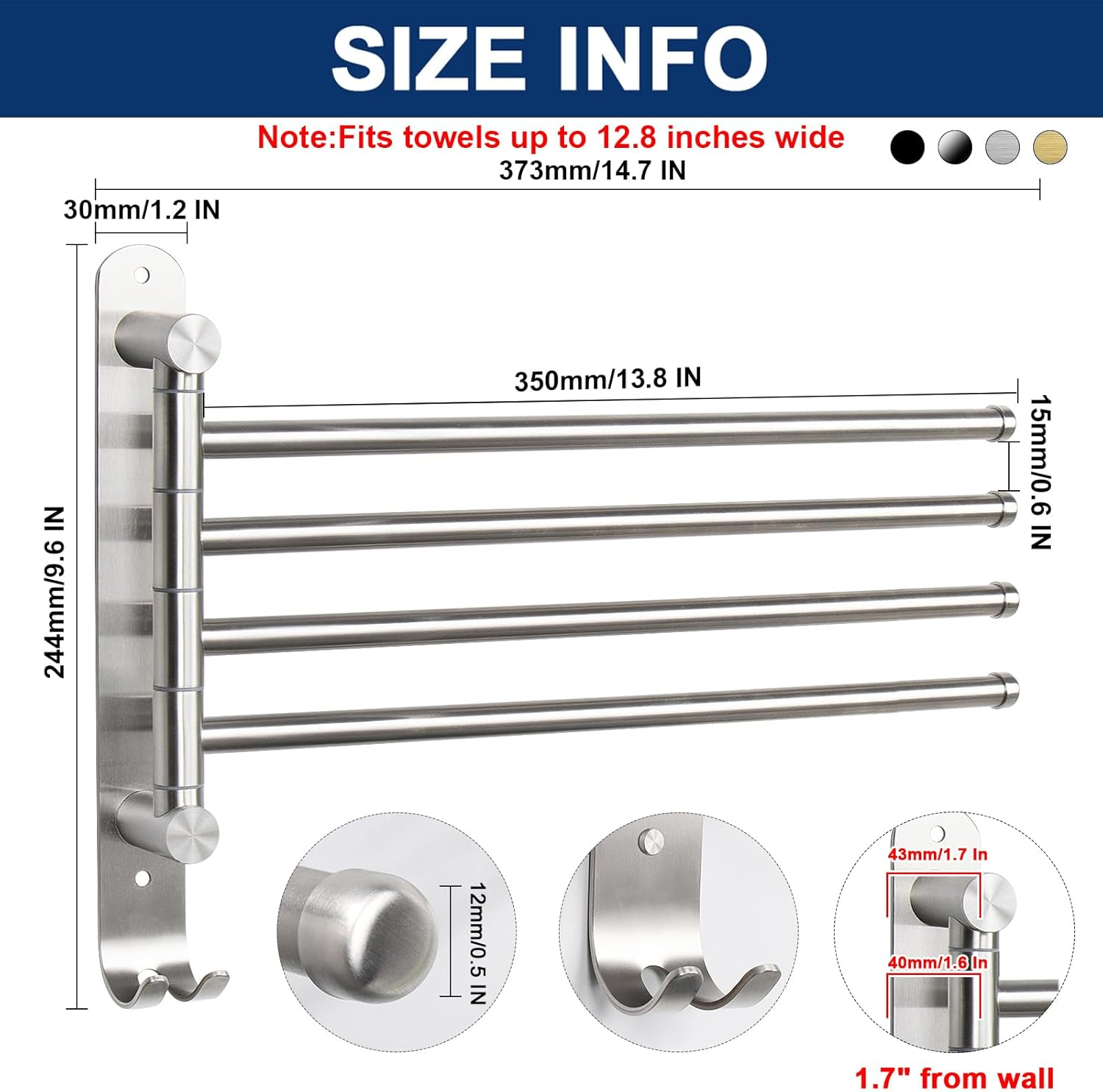 Nearmoon Swivel Towel Rack, Thicken SUS304 Stainless Steel 4-Arm Towel Bar, Space Saving Wall Mounted Towel Holder with Hook, Rustproof Swing Out Towel Hanger for Bathroom, Kitchen (Brushed Nickel) image number 2