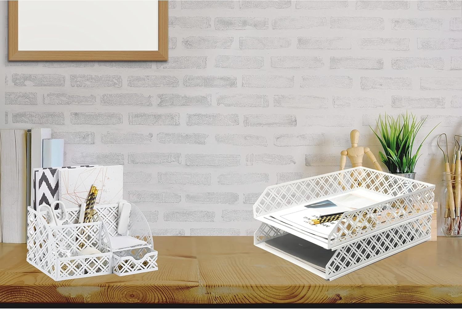 Exerz Letter Trays 2Pcs Stackable Paper Sorter/Desk Organiser/File Tray for Desk - Wire Mesh Metal File Rack - Office, School, Home Study (White) - Light Pink image number 3