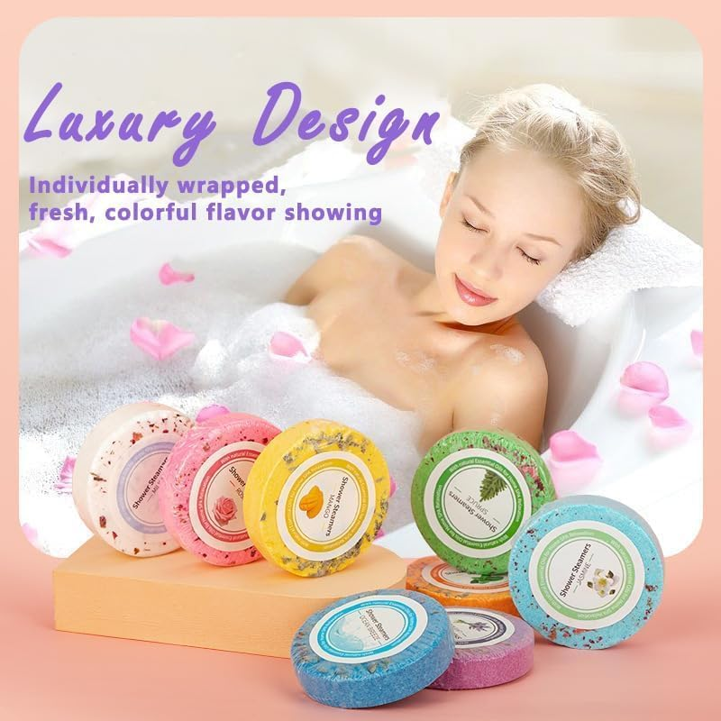 Shower Steamers with Essential Oils, 8-Pack Aromatherapy Tablets for Stress Relief and Home Spa Relaxation, Self Care Gift Set for Women, Moms and Teens image number 2