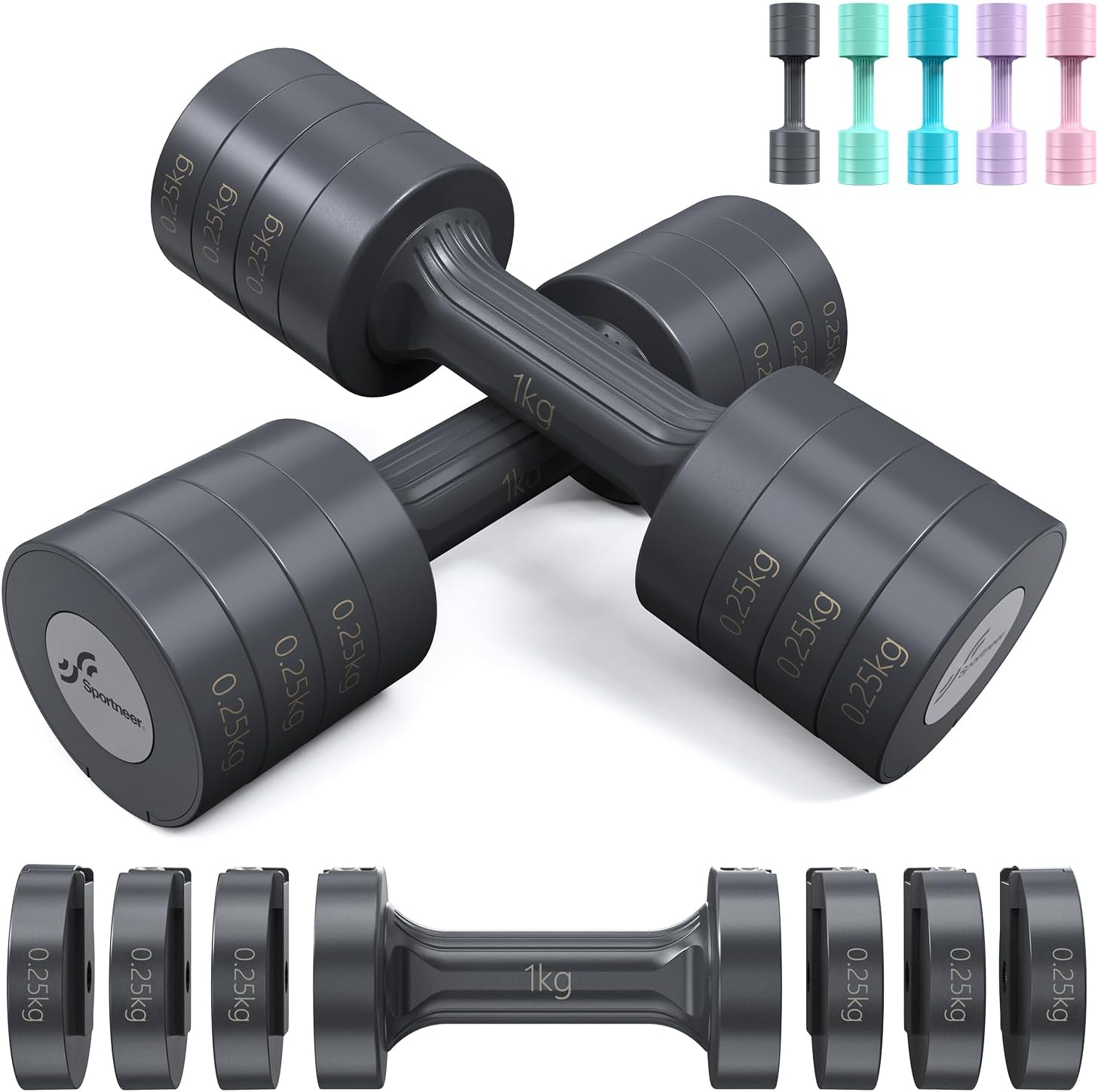 Adjustable Dumbbell Set: Sportneer 2.5 Kg *2 Dumbbells Each 1Kg/1.5Kg/2Kg/2.5Kg 4-In-1 Dumbbell Sets for Women Men Home Gym Workout Strength Training Fitness Pilates image number 2