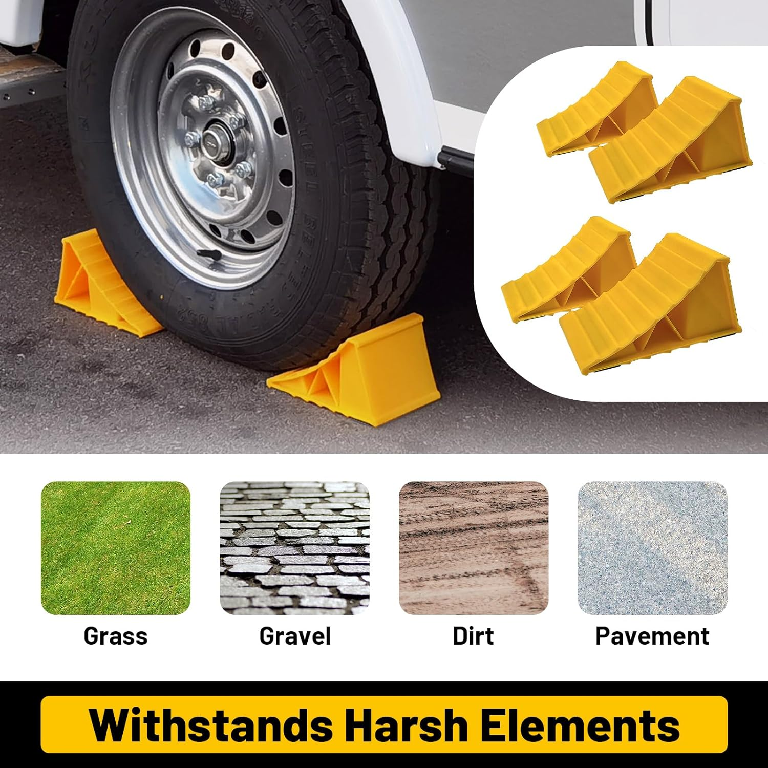 2 Pairs Wheel Chocks for Travel Trailers, Non Slip Heavy Duty Yellow Wheel Chock with Rope, Lightweight Wheel Stoppers for Cars Camper Trucks Rvs, Easy to Carry & Suitable for Most Tyre Sizes image number 6