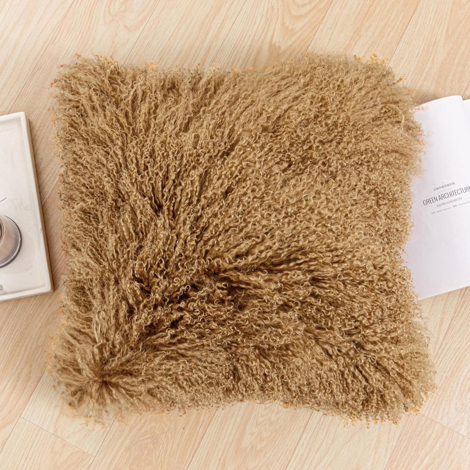 Luxury Mongolian Lamb Fur Pillow Covers Sheepskin Curly Wool Pillowcase Furry Leather Decorative Throw Cushion Cover for Couch and Bed Chair, No Pillow Insert, 18 X 18 Inch, Khaki