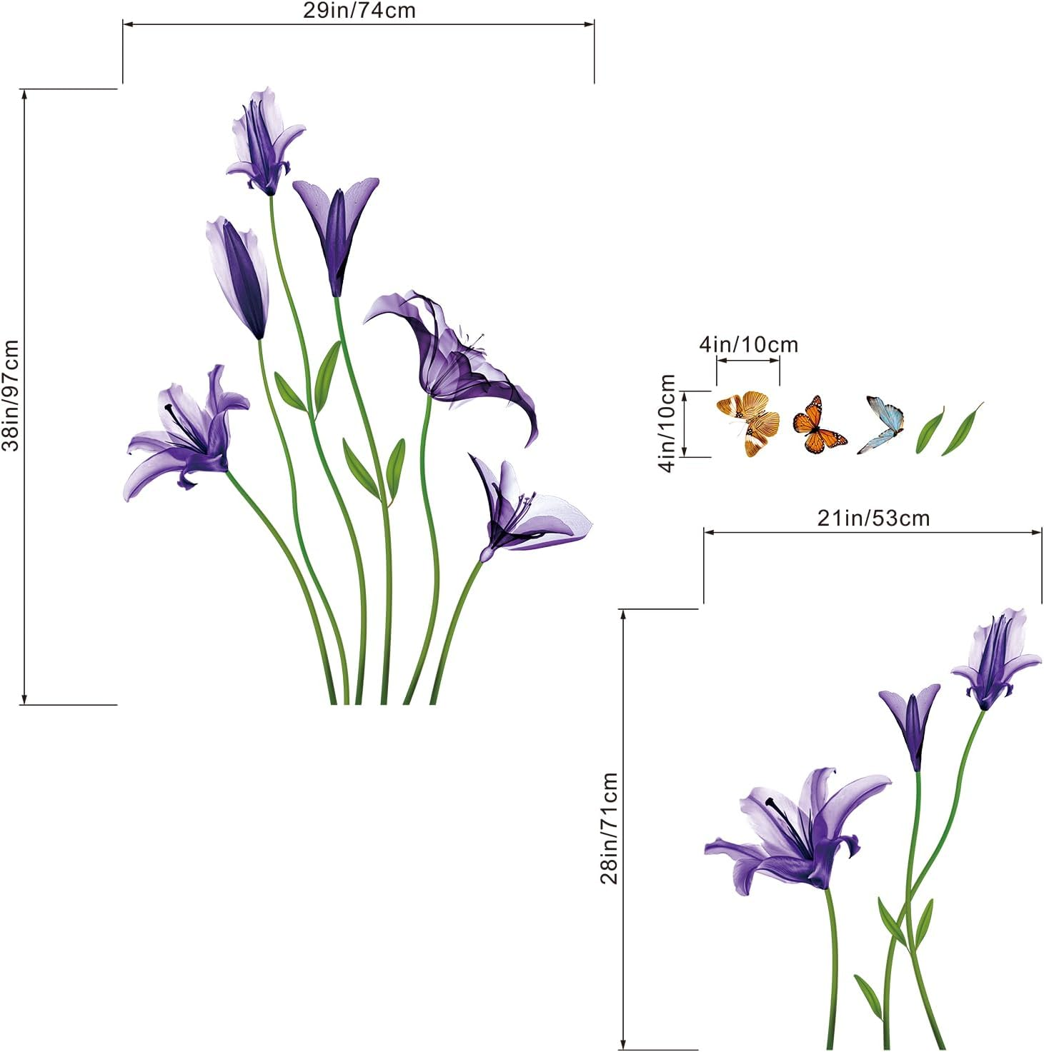 Amimagen Lily Flowers Wall Decals - Wildflower Grass Butterflies Floral Wall Stickers - Girls Bedroom Living Room Sofa TV Background Home Wall Decor image number 2