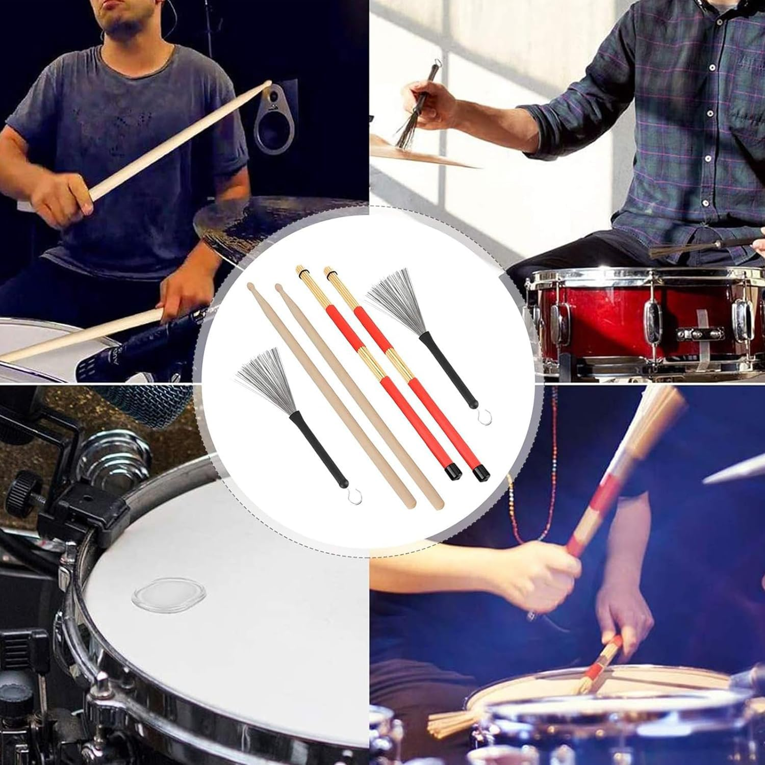 BEANPRECOY Drum Sticks Set Retractable Drum Wire Brushes 1 Pair 5A Maple Wood Drum Sticks 1 Pair Rods Drum Brushes 1 Pair Jazz Acoustic Music Lover Gift Adults Rock Band Students image number 3