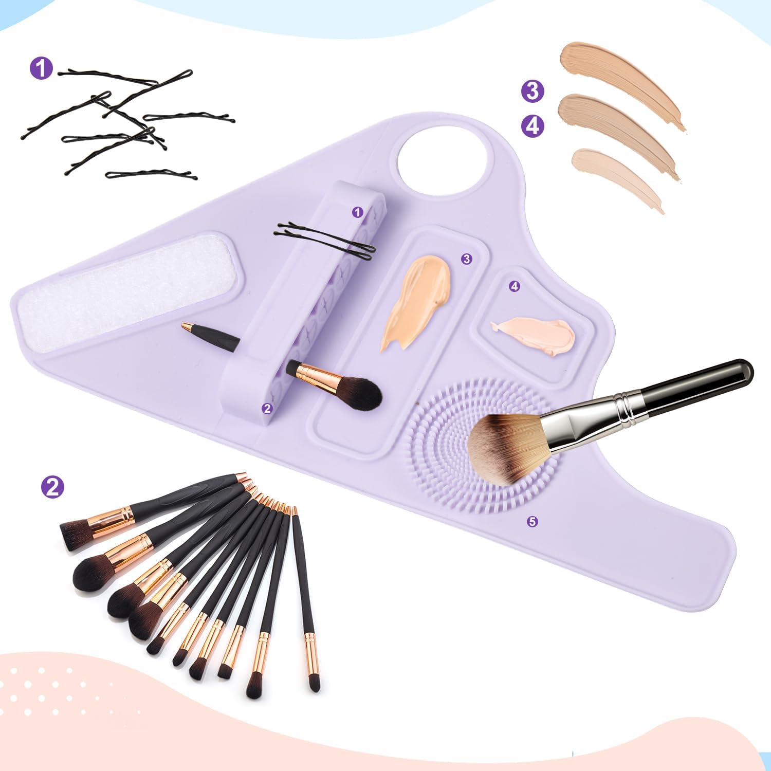 Makeup Brush Cleaner Mat, Irregular Silicone Makeup Brush Cleaner Portable Cleaning Tool for Brushes Powder Puffs Cleaner for Girls Women Makeup Lovers Gift, Partition Design (Purple) image number 4