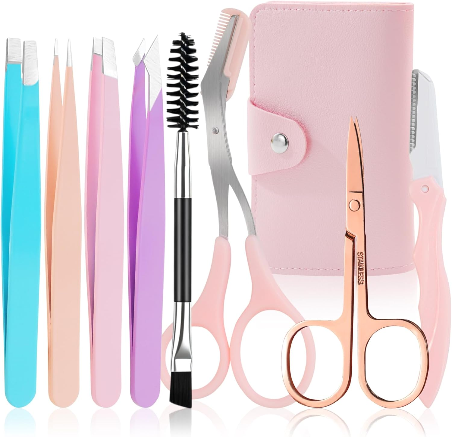 HEYMKGO 8 Piece Tweezers Set Precision Tweezers Stainless Steel with Travel Case Eyebrow Scissors with Comb Removable Scissors Eyebrow Razor Eyelash Brush Tweezers Eyebrow Plucking for Women Coloured image number 5