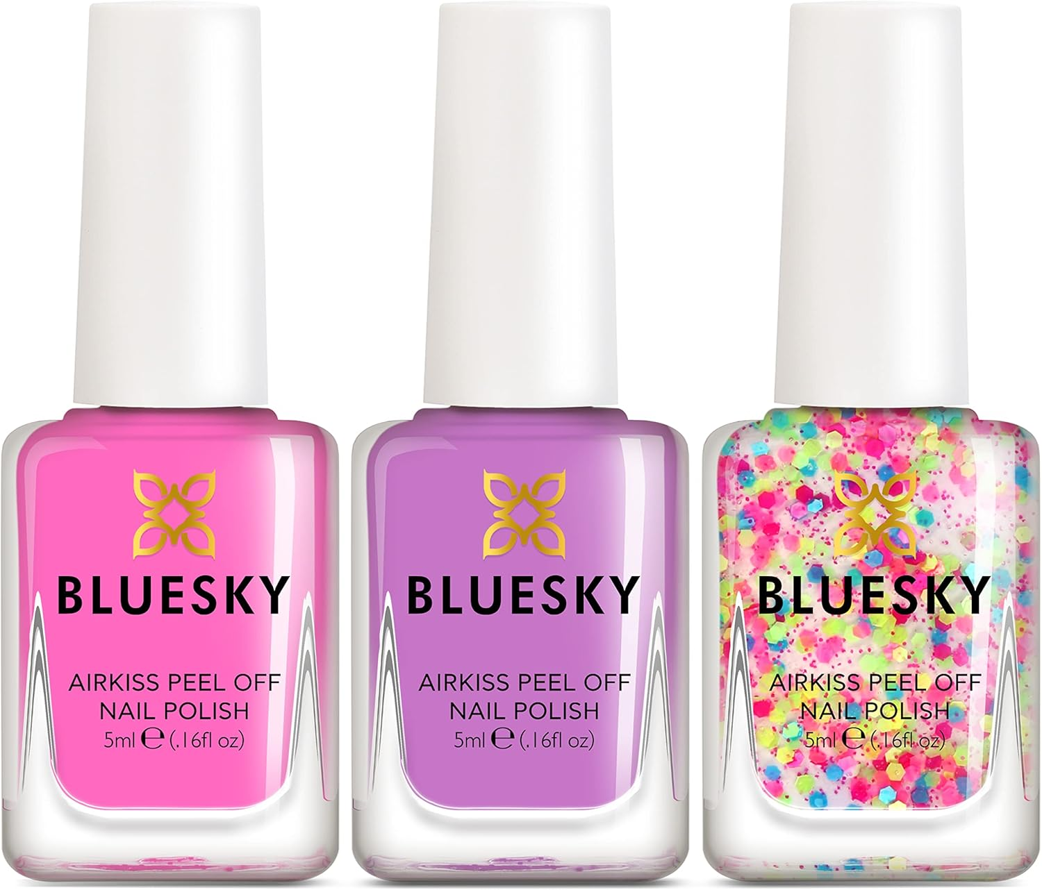 Bluesky Kids Nail Varnish Set - Party Time Collection. Pink,Purple,Confetti Glitter. Easy Peel-Off,Non-Toxic,Water- Based,Odour-Free Nail Polish for Kids,Gift Set,3 X 5Ml Stickers Kids-Party-Time
