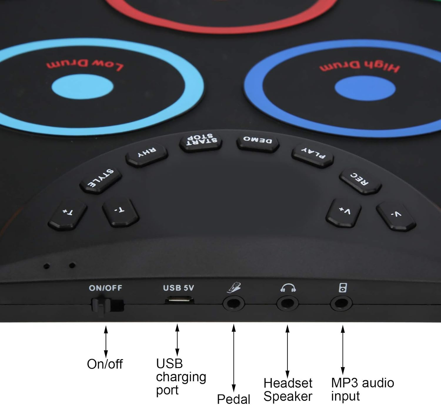 Electronic Drum Set, Portable Foldable Roll up Practice Pads, 3 Tones 12 Rhythms 12 Demo Songs, Built-In Speaker, Pedals, Sticks, Colorful Electric Kit for Beginner Kids image number 1