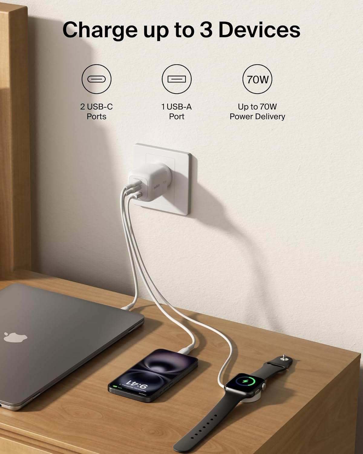 Belkin 3-Port USB C Charger Block 70W, Multi-Port Gan Wall Charger W/ 2X USB C Ports & 1X USB a Port, Fast Charging for Macbook, Iphone 16, Ipad Pro, Samsung Galaxy S25, Google Pixel, & More - White image number 2