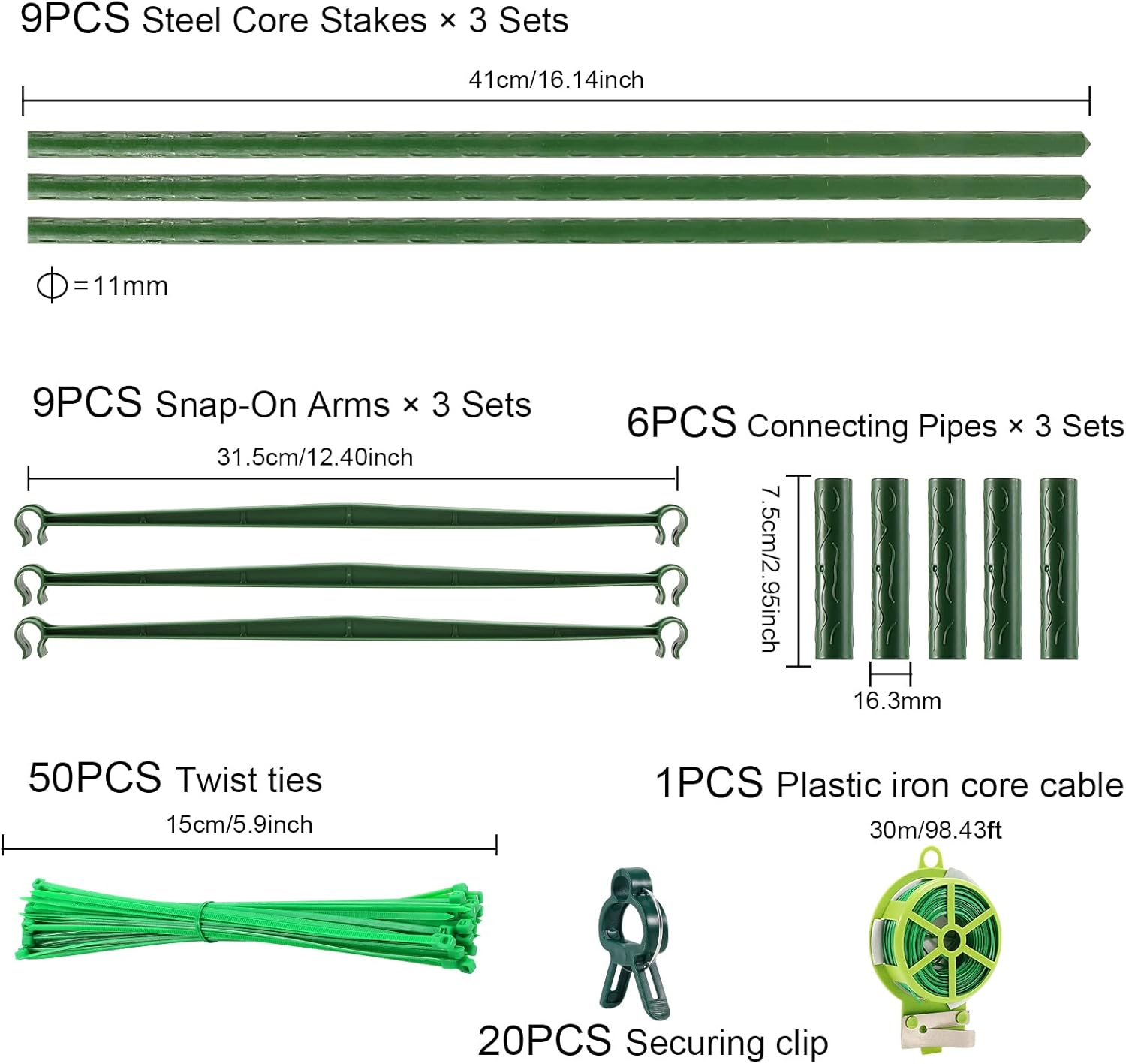 3 Sets Tomato Supports Cages, Garden Plant Support for Climbing Plants Vegetables Flowers, with 20 Clips and 50 Twist Tie, 30Meters Rope image number 5