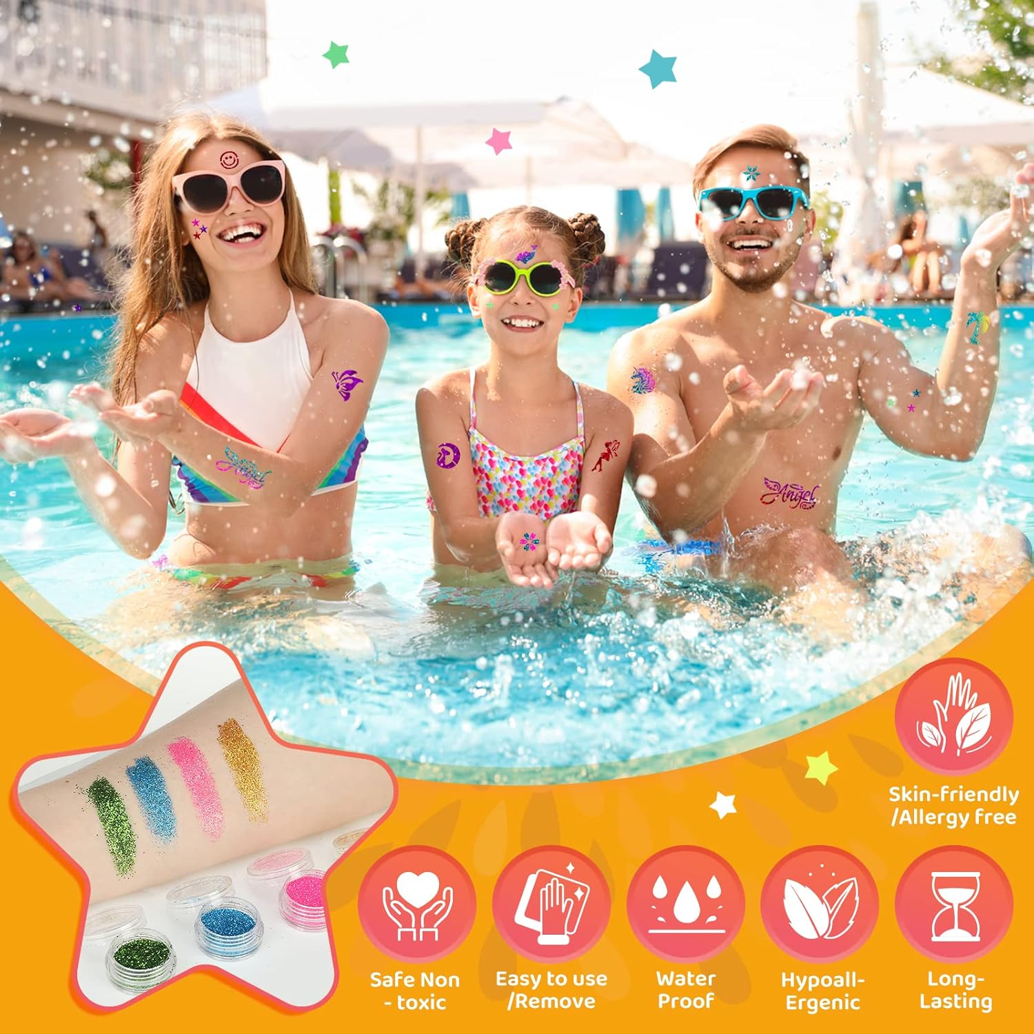 Glitter Tattoo Kit, Bledras 30 Colors Temporary Tattoo Set for Girls, 147 Stencils, 4 Brushes, 2 Glue, Glitter Tattoos for Kids or Adults, Gifts for Girls Boys, Halloween Birthday Festival Party - Multicolour image number 5