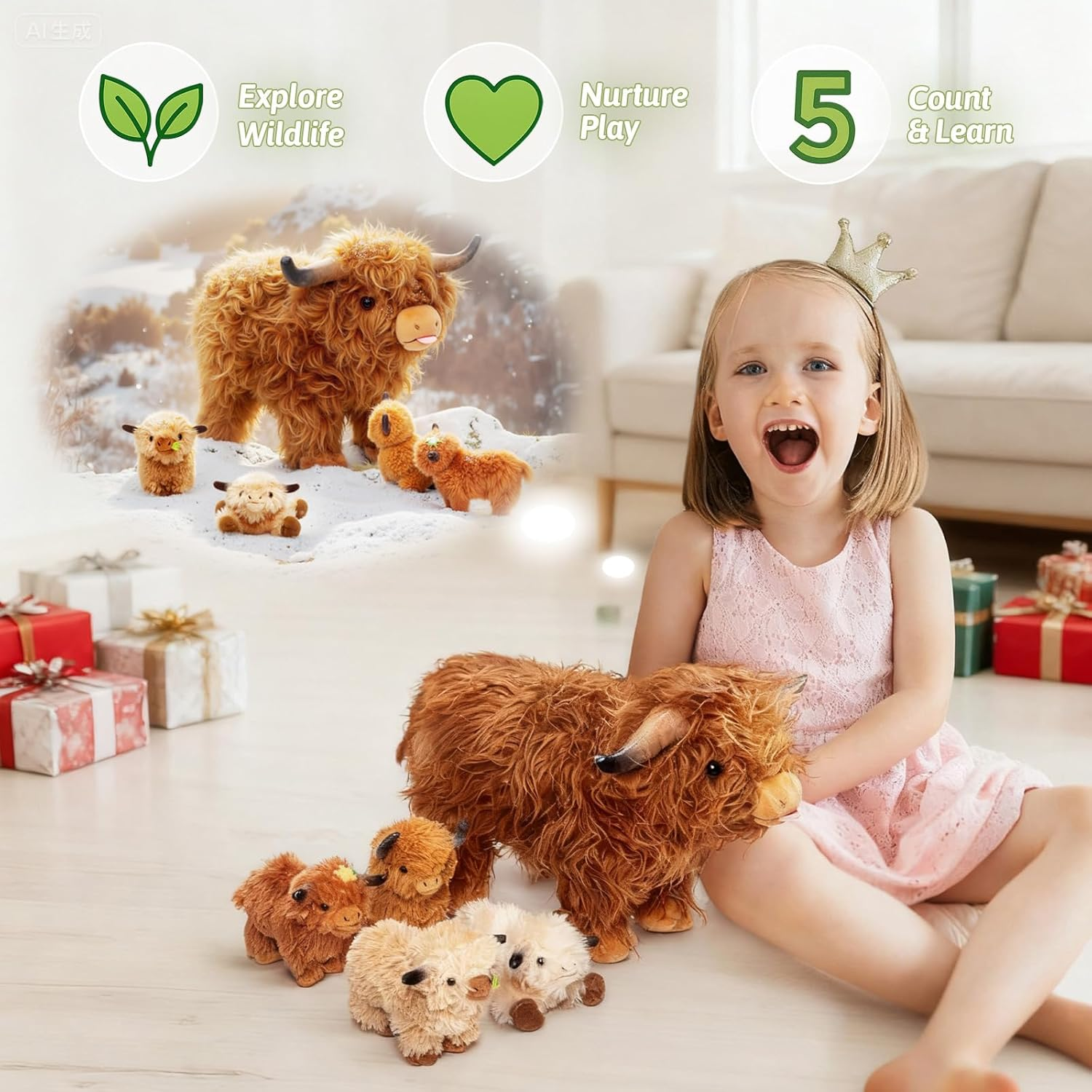 OUOZZZ Highland Cow Stuffed Animals -Plush Toys Set Mommy and 4 Little Cattle Babies Inside, Baby Toys Birthday Gift Present Toys for Girls Boys Kids Toddler Infant - Highland Cow image number 6