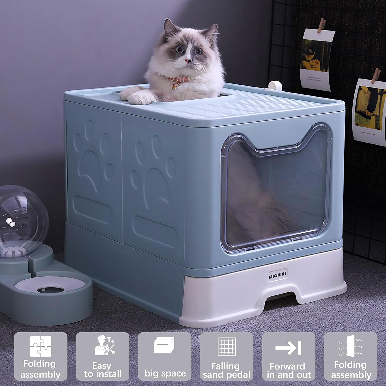 Cat Litter Box Large Pan - Foldable Top Exit Pet Boxes with Entry Lid, Plastic Cleaning Scoop,Cat Nail Clippers,Portable Cats Bowl (Blue) image number 1