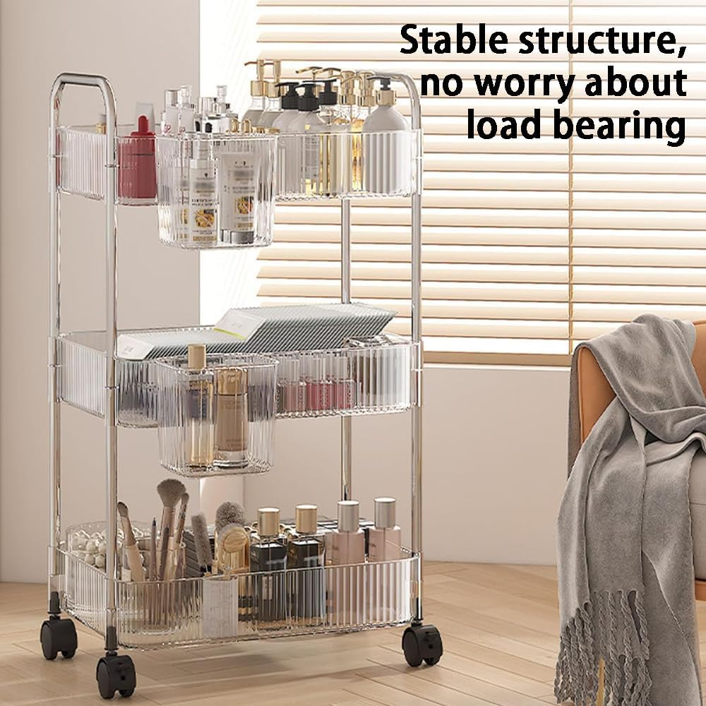 3-Tier Utility Rolling Cart, Organizer Shelves with 3 Baskets, Wheeled Makeup Trolley, Storage Rack, Mobile Utility for Office, Kitchen, Bathroom