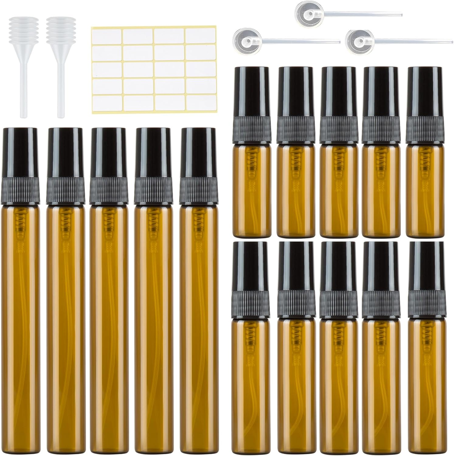 Pack of 15 Amber Perfume Atomisers Empty Spray Bottle Glass Small for Filling, Mini Pump Bags Perfume Bottle Refillable Perfume Samples for Travel 3 Ml/5 Ml/10 Ml with Pipettes Press Head image number 4