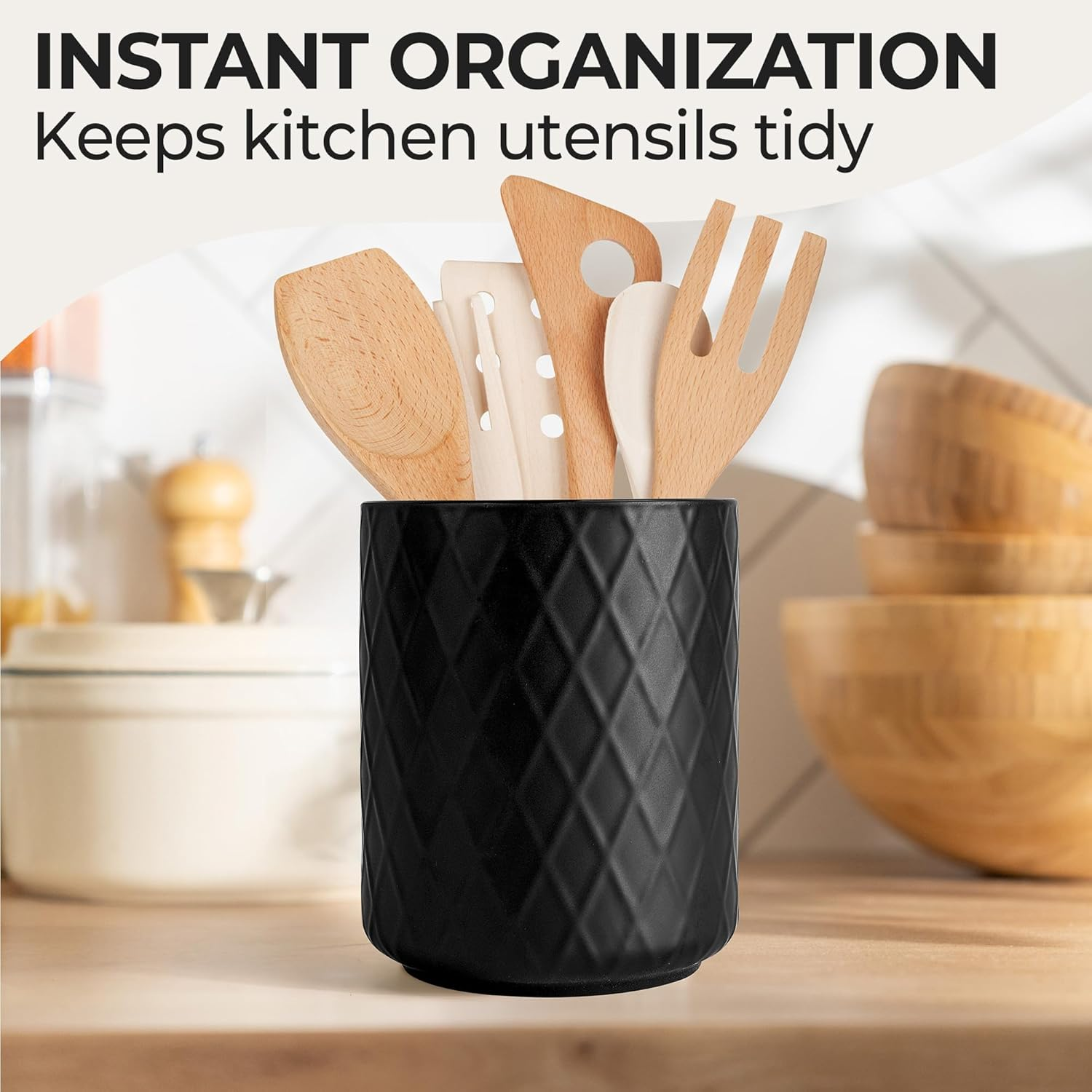 MIAMIO &ndash; Kitchen Utensil Holder Ceramic/Kitchen Organizer Set, Farmhouse Decor for Organizing Countertop and Storing Cutlery, Cooking Spoons, and Accessories - Palmanova Collection (Black) image number 3