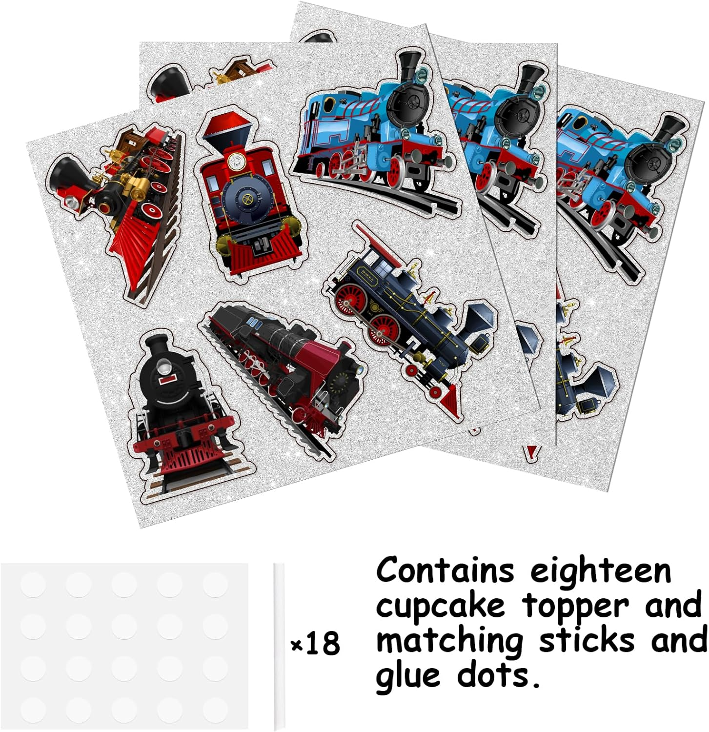 Glitter Dessert Cupcake Topper Cheer to Transportation Train Railroad Crossing Theme Decorations Supplies Baby Shower Children Boy Girl Happy Birthday Party Decor Set 18Pcs image number 5