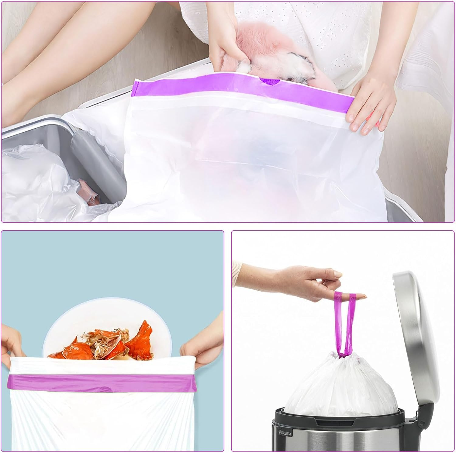 Self-Cleaning Cat Litter Box Garbage Bag, Bin Liners with Drawstring and Handles, Pack of 108 Bin Bags with Carry Handle for Household, Bathroom, Kitchen, Office, Pet, Plastic White Bin Bags image number 1