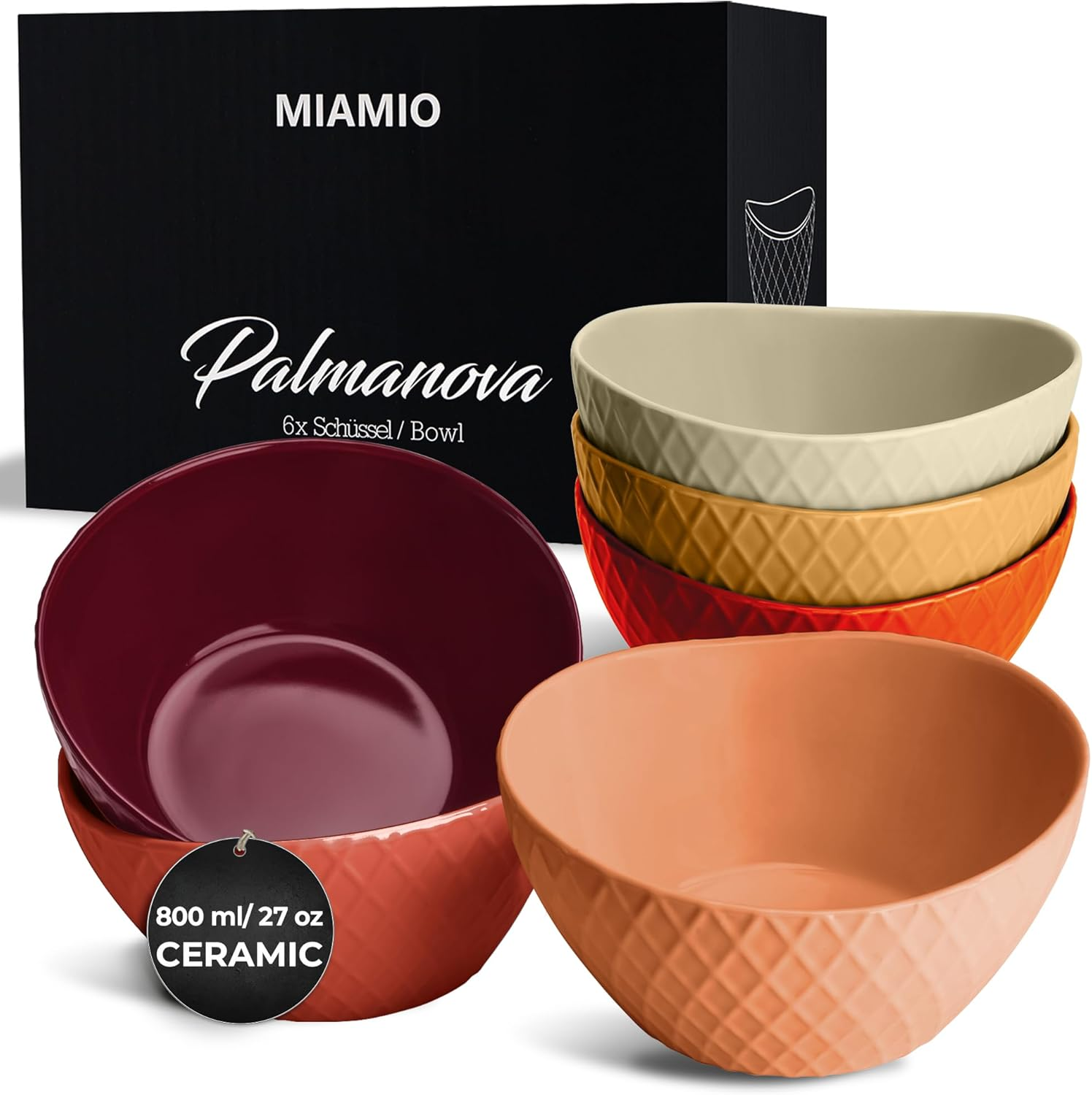 MIAMIO - 6 X 800 Ml - Bowl Set/Cereal Bowl Set - Modern Matte Bowls - Large Bowls Set - Palmanova Collection (Magma Red)