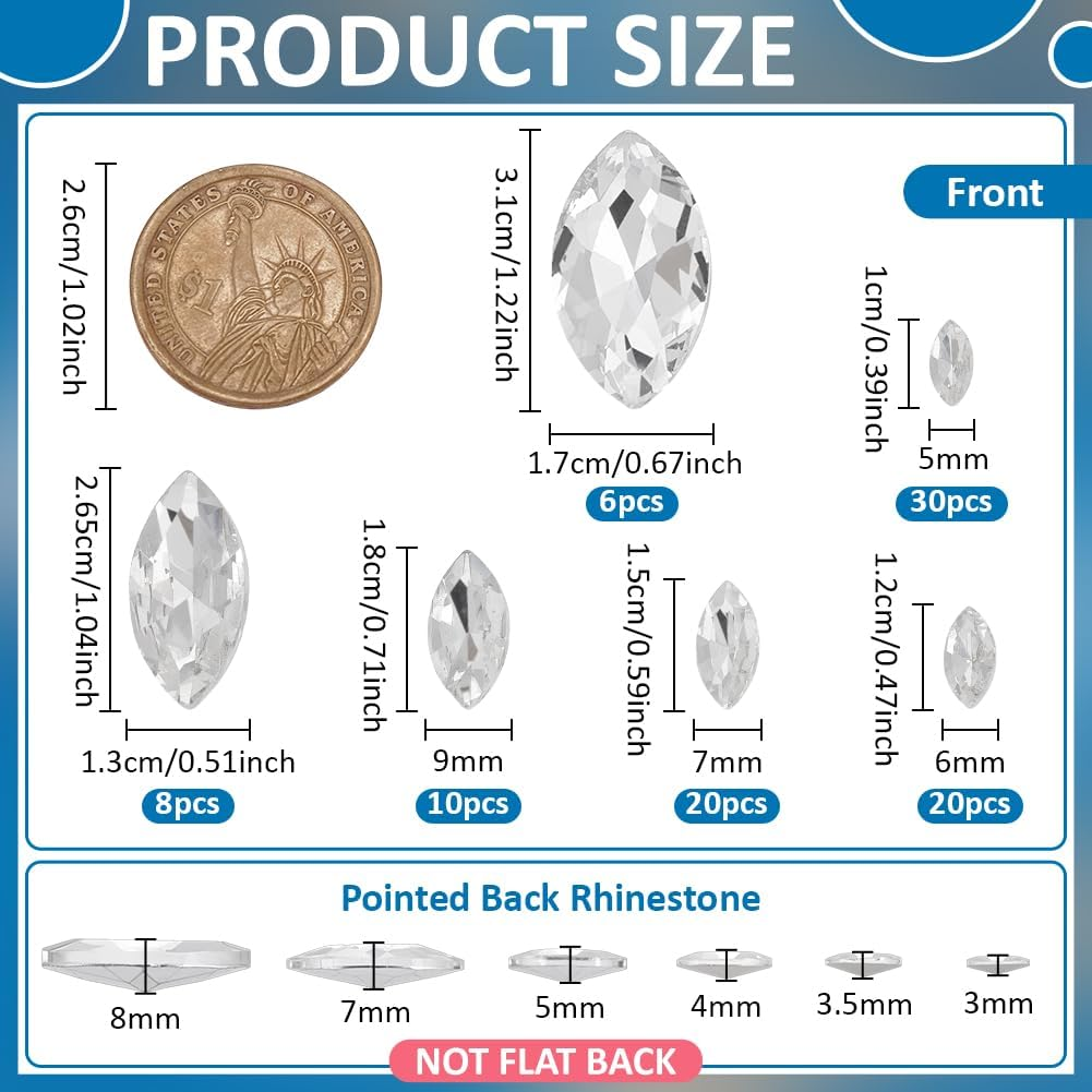 FINGERINSPIRE 94 Pcs Pointed Back Rhinestone 6 Sizes Glass Rhinestones Gems Clear Horse Eye Jewels Embelishments with Silver Plated Back Crystals Stones for Craft Decor Jewelry Making - Transparent image number 5