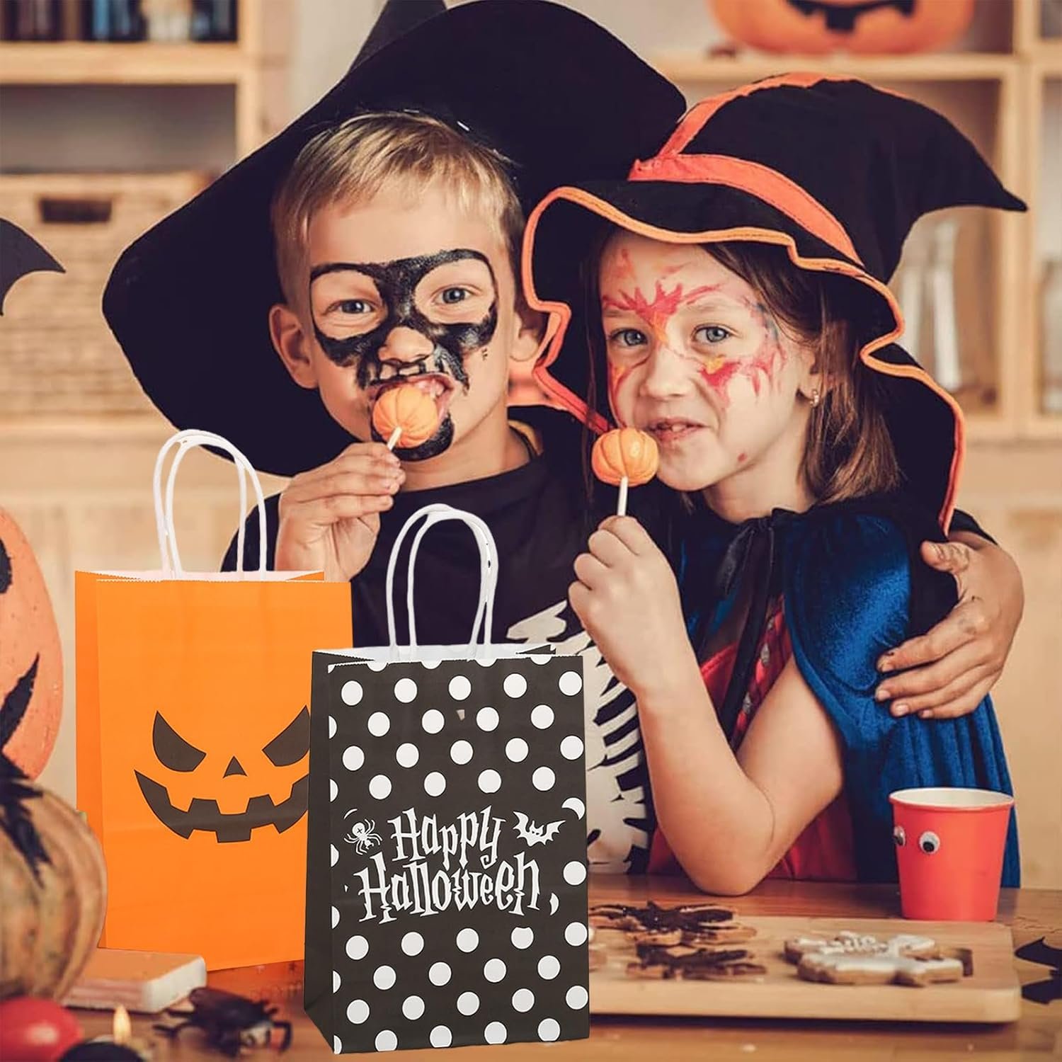 SYTHAK Halloween Kraft Paper Bags with Handles,24Pcs Jack O' Lantern Pumpkin Gift Bags Treat Candy Goodie Bags for Halloween Trick or Treat Party Supplies image number 4