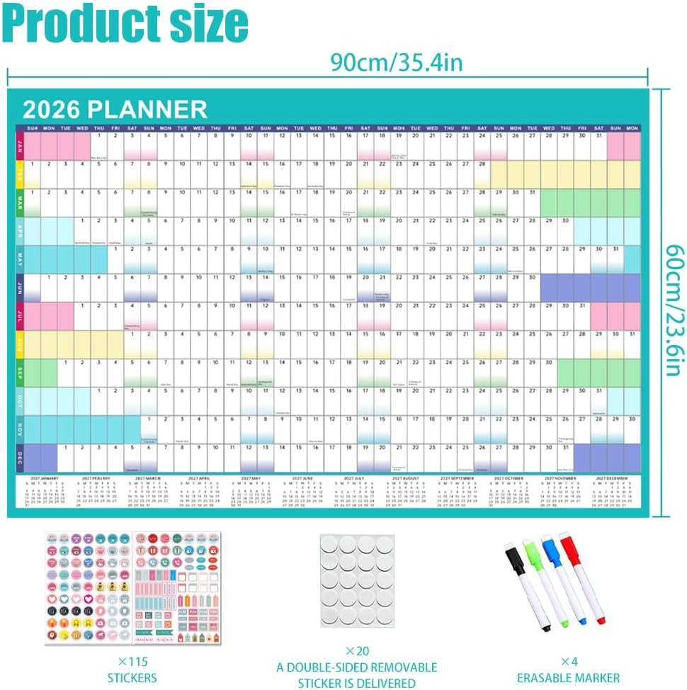 Geli 2026 Planner with 155 Pieces Sticker and 4 Marker Pens, Erasable Wall Calendar, 92 X 61 Cm, Academic Year Planner, January to December image number 4