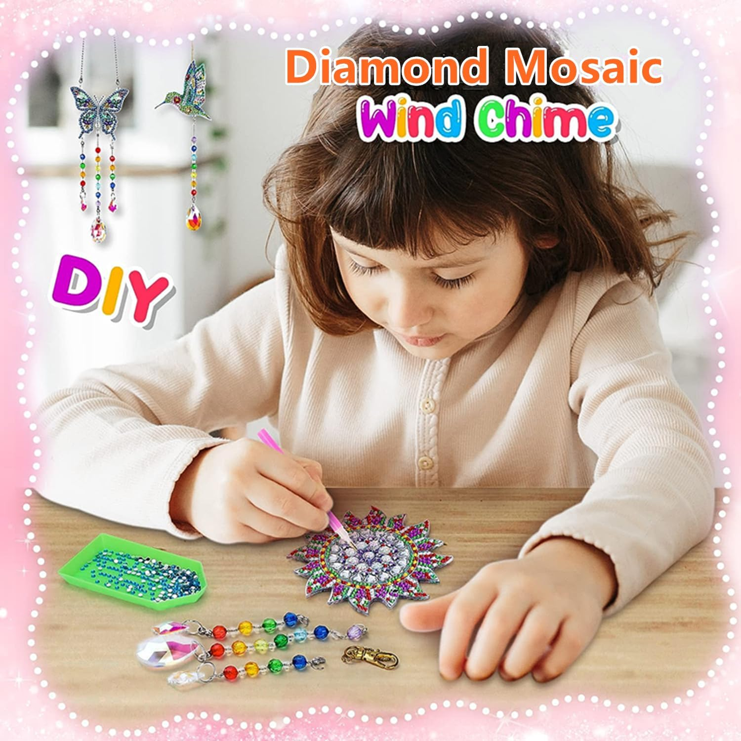 3 Pcs Diamonds Paintings Suncatcher,Double Sided Crystal Gem Painting Hanging Ornament,5D Diamonds Paintings Wind Chimes,Diamonds Art Kits Hanging Ornaments for Home Window Decor (Butterfly&Bird&Sun) image number 4