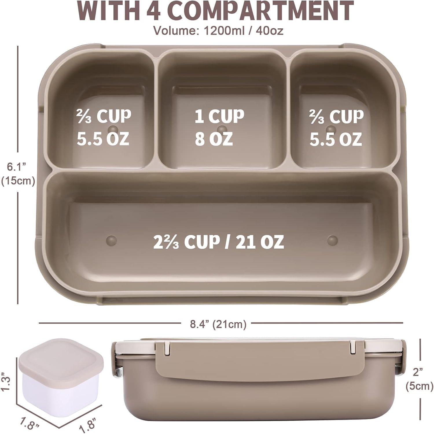 Jiaozoum Bento Box Lunch Box, 4 Compartments Containers for Kids Men Women, Reusable Food Storage with Utensils for Work, School, Camping and Travel (Brown) image number 1